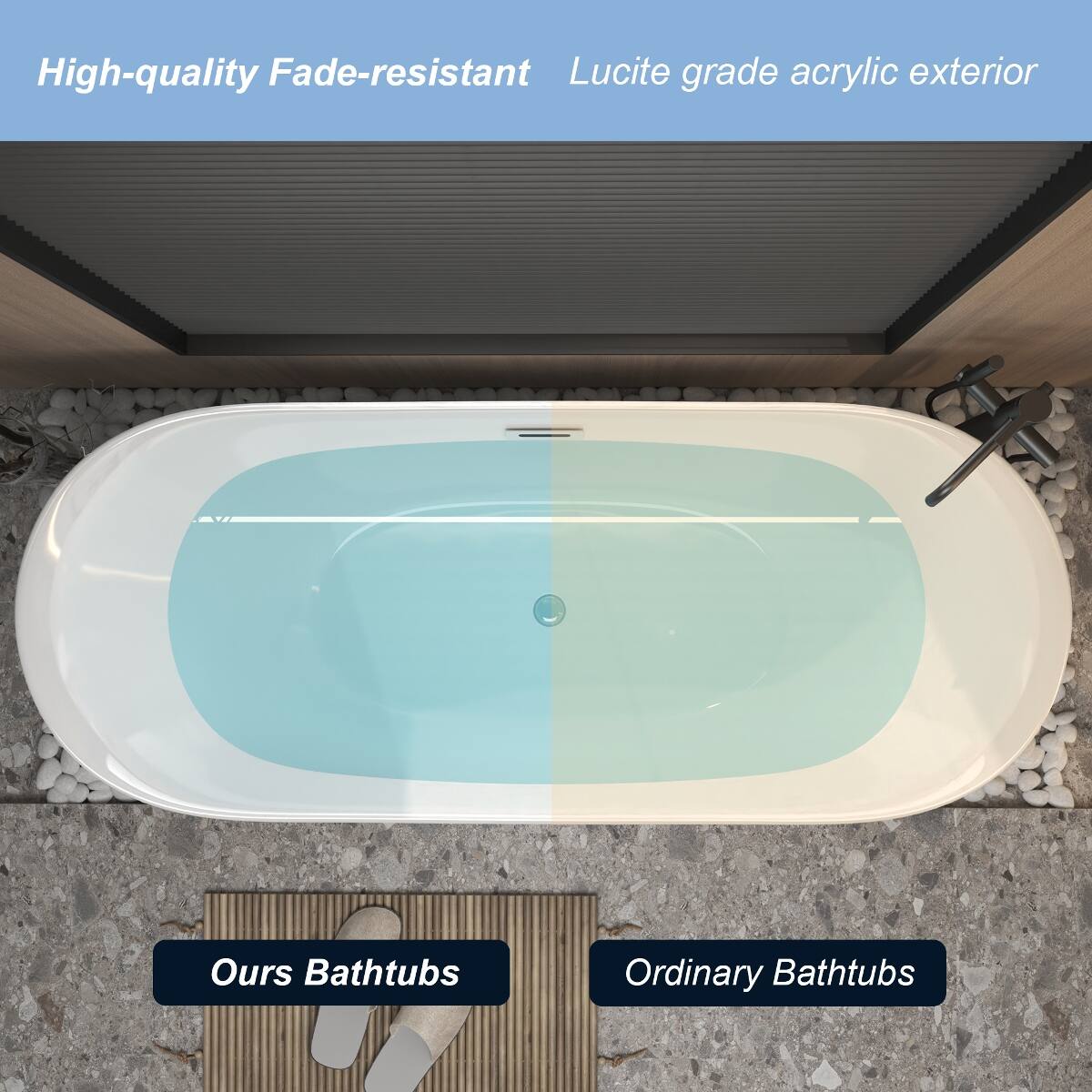 High-quality Fade-resistant Lucite grade acrylic exterior

Ours Bathtubs

Ordinary Bathtubs