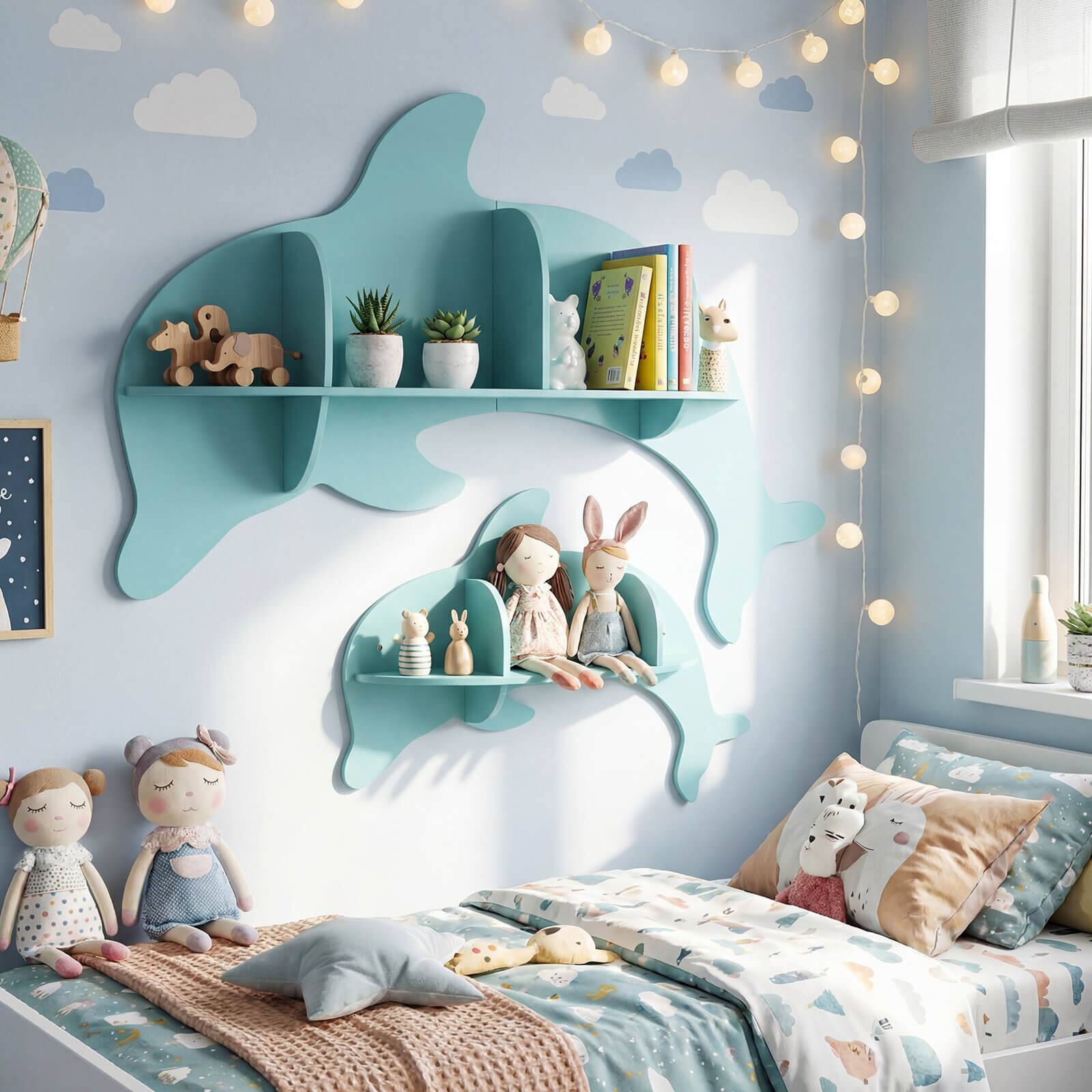 Alt View 3. Costway - Costway 2 PCS Floating Dolphin Shelves with Compartments Cute Corner Bookshelves for Nursery - Blue.