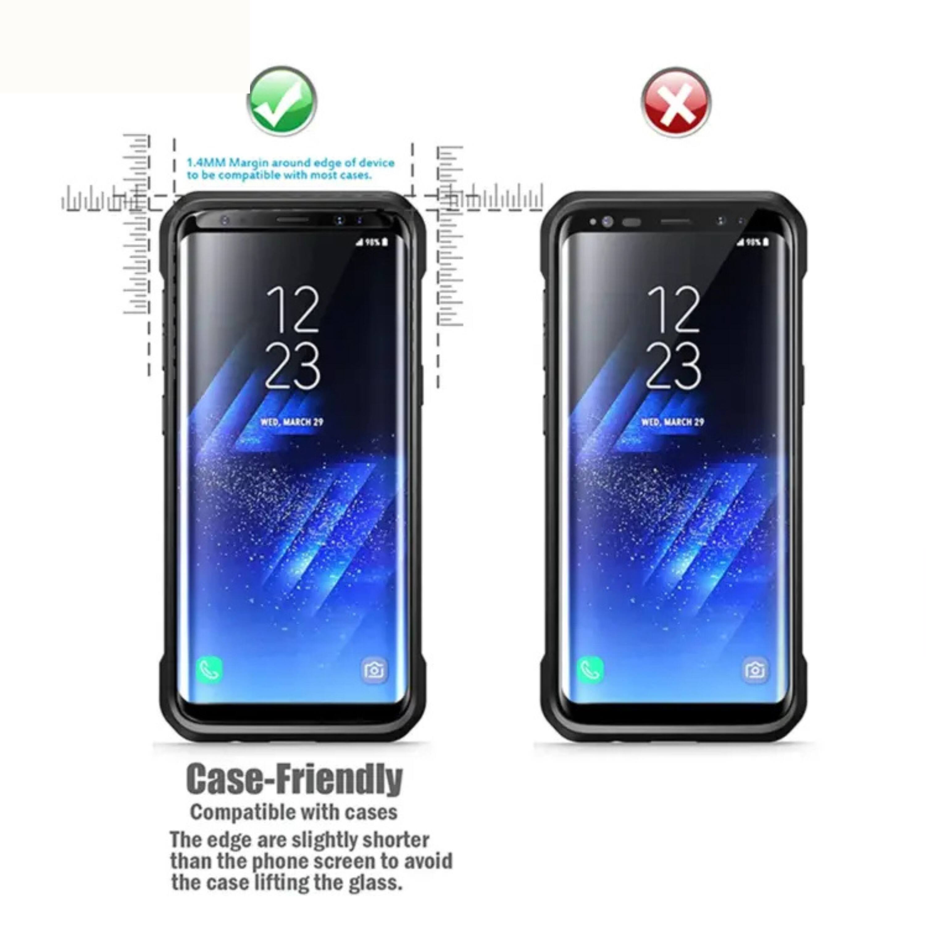 1.4MM Margin around edge of device to be compatible with most cases.

Case-Friendly
Compatible with cases
The edge are slightly shorter than the phone screen to avoid the case lifting the glass.