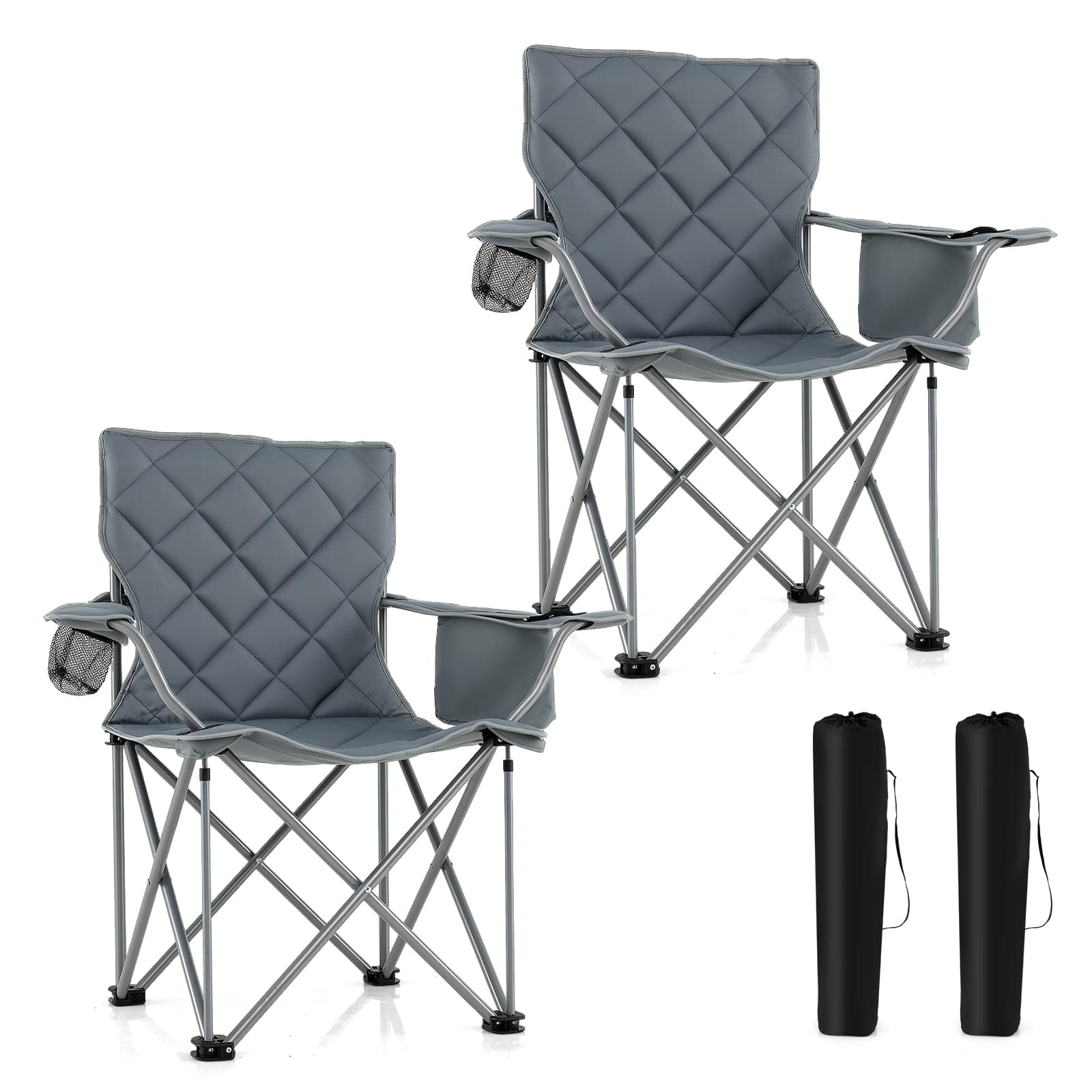 Gymax - 2PCS Oversized Camping Chairs Heavy Duty Outdoor Folding Chair w/Cooler Pouch - Gray