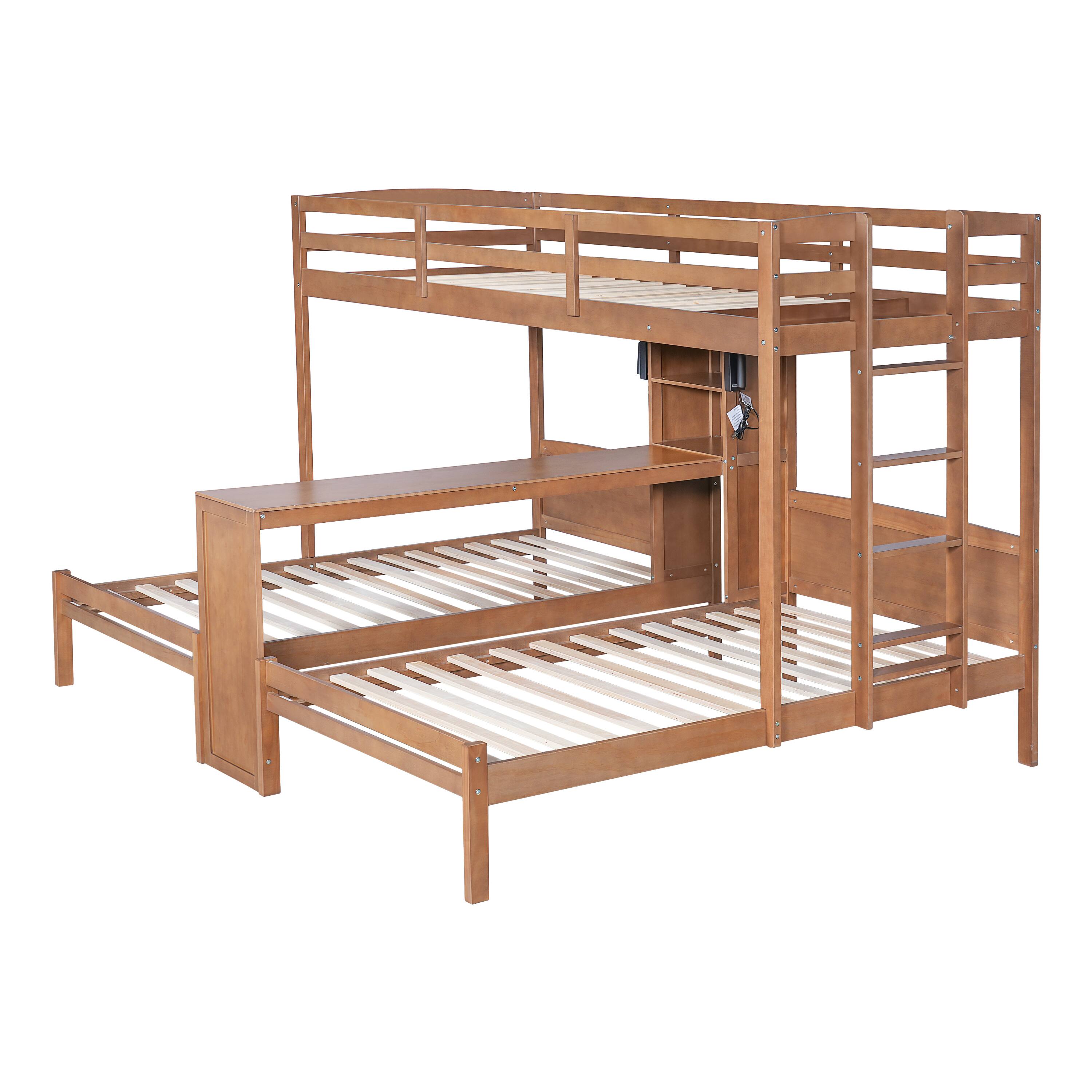 Alt View 2. Whisen - Twin over Twin over Twin Bunk Bed with Built-in Desk, Storage Shelves and LED Reading Lamp - Natural.