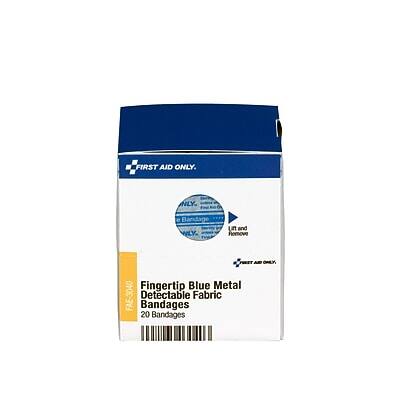FIRST AID ONLY

Fingertip Blue Metal Detectable Fabric Bandages
20 Bandages

NLY Bandage
WLY

Un and Remove

HEALTHY
HEALTHY
HEALTHY