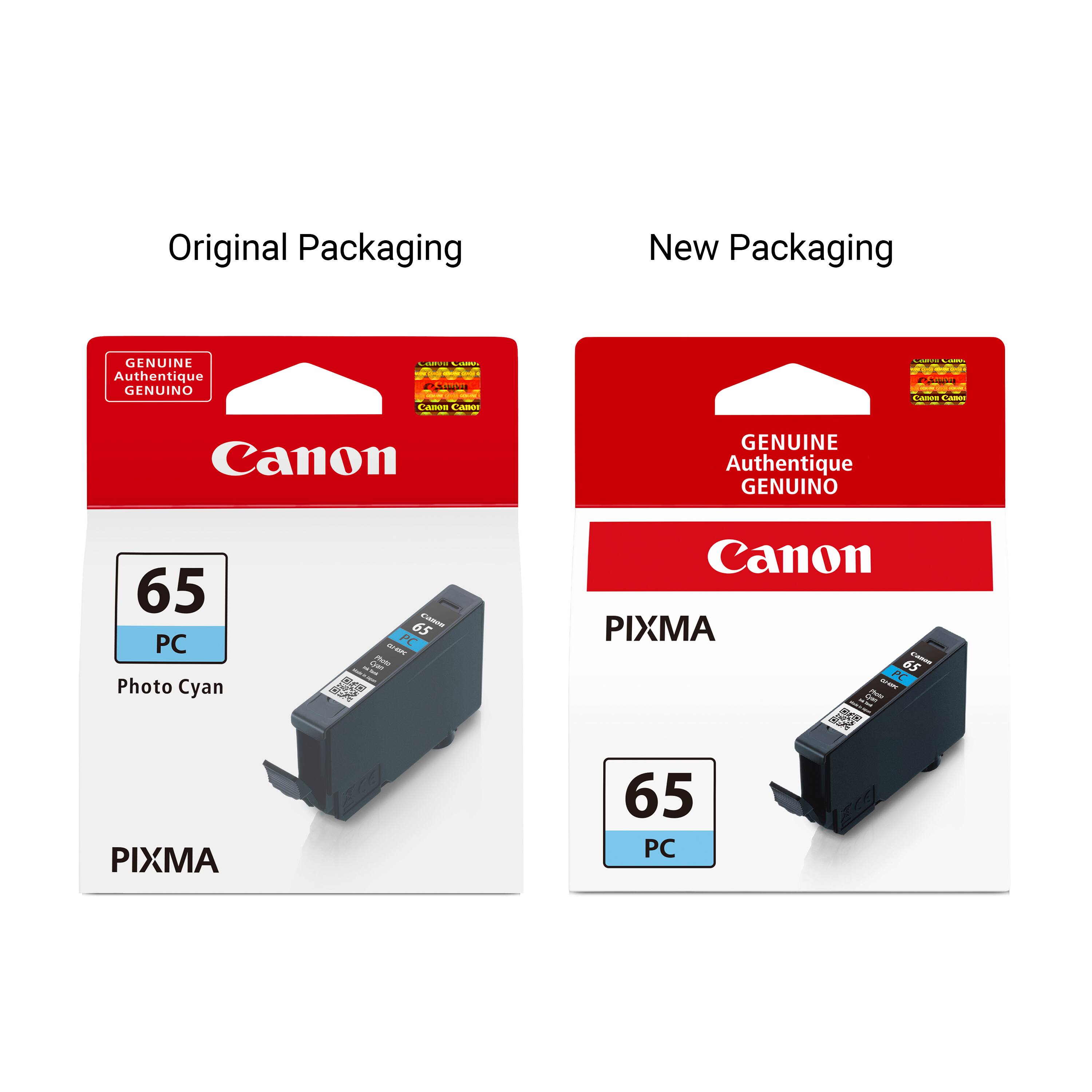 Original Packaging
New Packaging
GENUINE Authentique GENUINO
Canon
CARES DANDA Cases
Canon
GENUINE Authentique GENUINO
65 PC Photo Cyan
65 PC
PIXMA