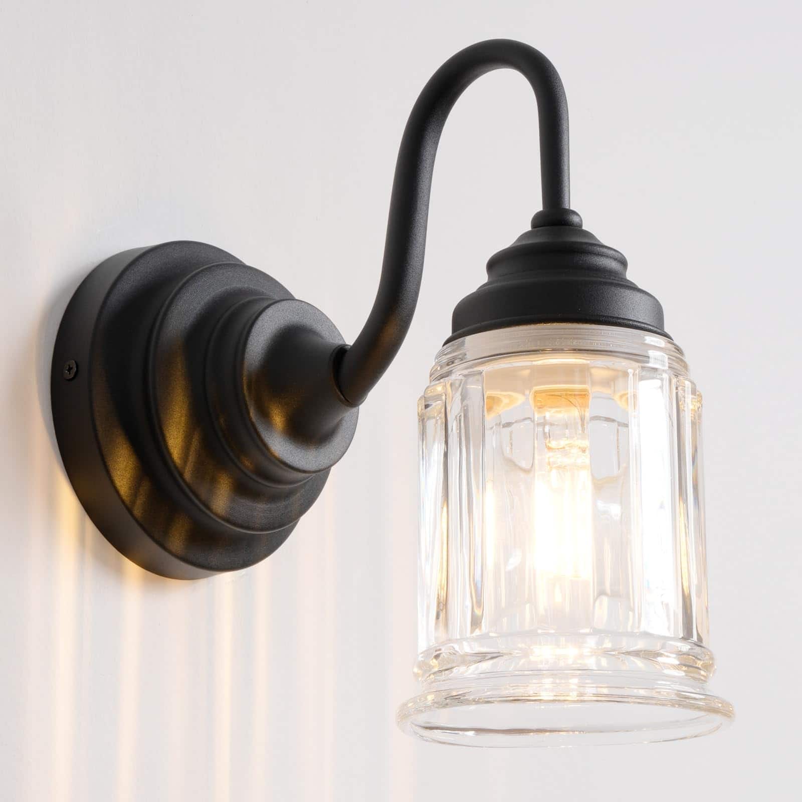 TECH SAFARI - Vintage Clear Striped Glass Wall Sconce Lighting With Curved Arm HardwiIndoor Mounted Vanity Fixture For Ba - Black