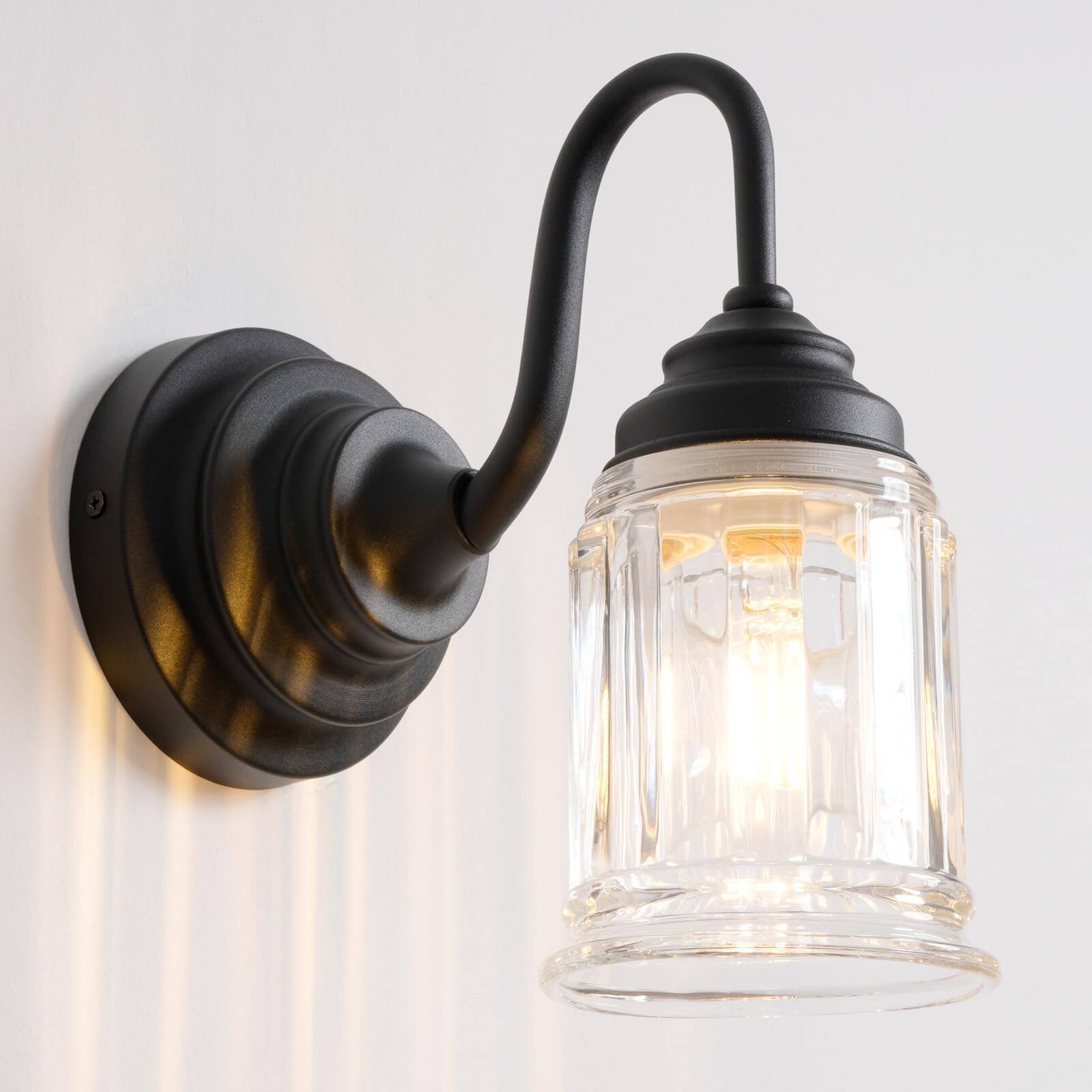 Front. TECH SAFARI - Vintage Clear Striped Glass Wall Sconce Lighting With Curved Arm HardwiIndoor Mounted Vanity Fixture For Ba - Black.