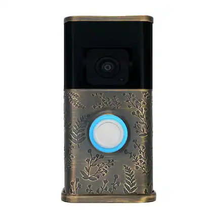 Front. Michael Healy - Wildflower Video Doorbell Cover (Ring 3, 3 Plus, 4, Battery Plus, Battery Pro) - Antique Brass.