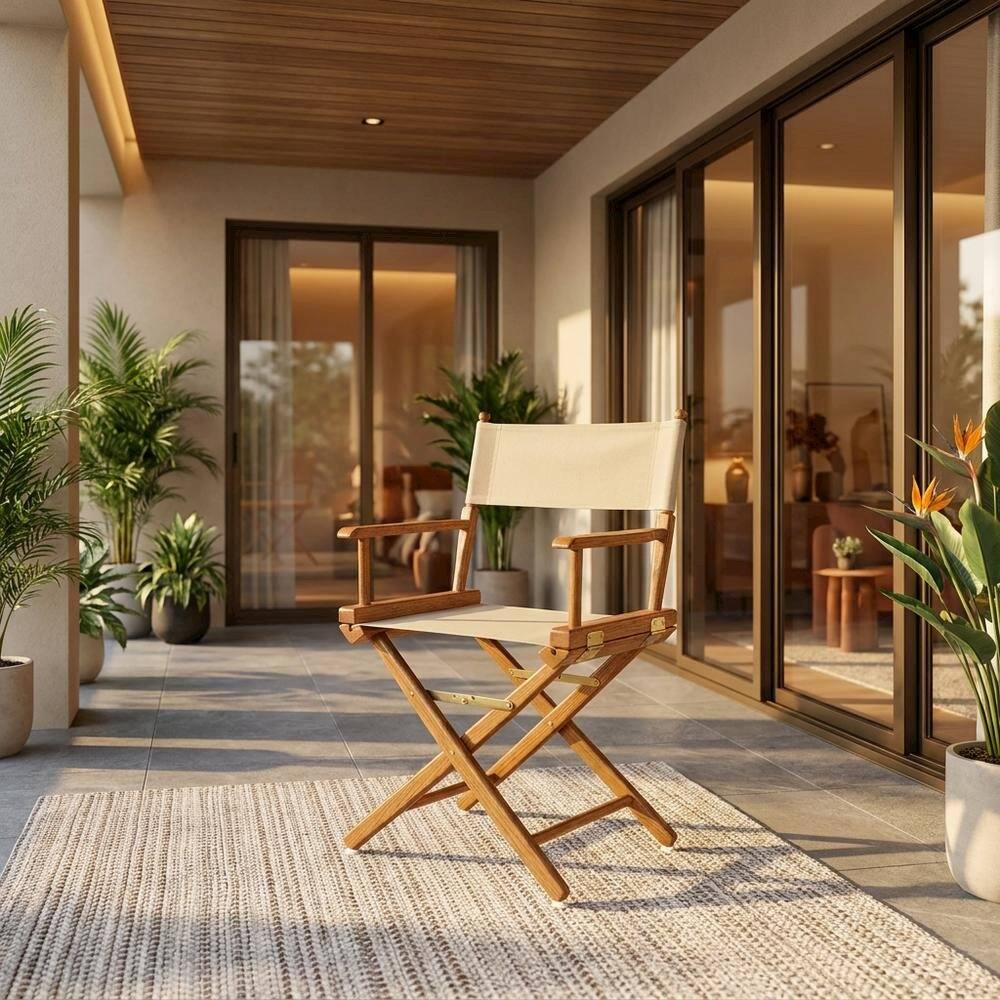 Alt View 4. FurniFact - Beige Extra-Wide Director's Chair - Mission Oak Frame/ Natural Canvas.