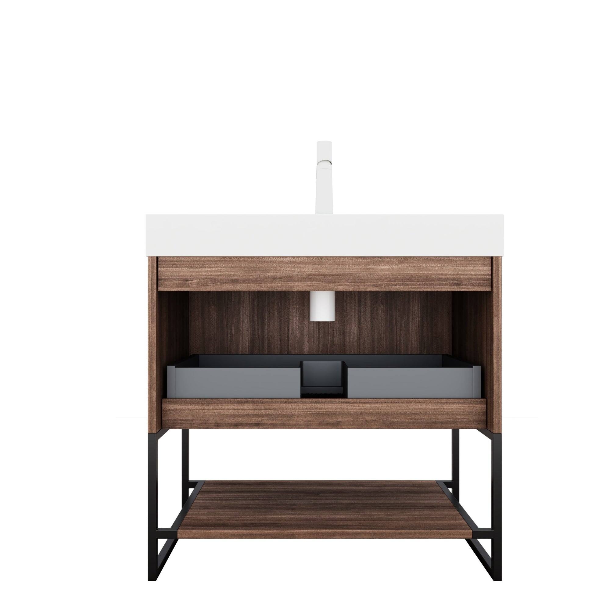 Alt View 3. Boyel Living - 30 Bathroom Vanity with Drawer Open Shelf Rectangular Integrated Basin Retro Walnut - Walnut,White.