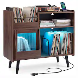 Ecooso - Large Turntable Stand with LED Light and Power Outlets, Sliding Door Vinyl Storage Cabinet - Brown