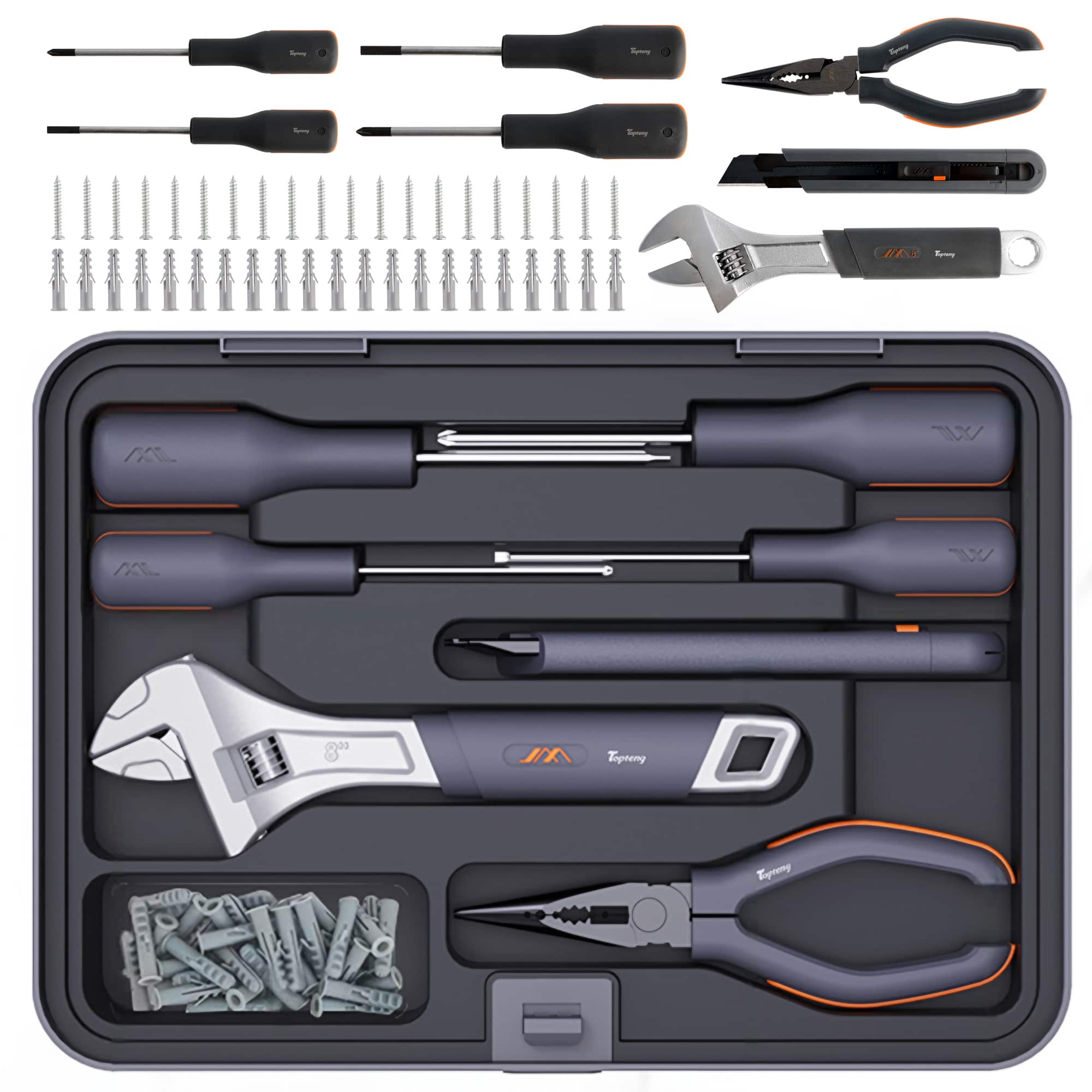 Topteng - 8-Piece Household Repair Tool Kit with Stackable X-Tray - Basic Hand Tools for Home Maintenance & Auto DIY​