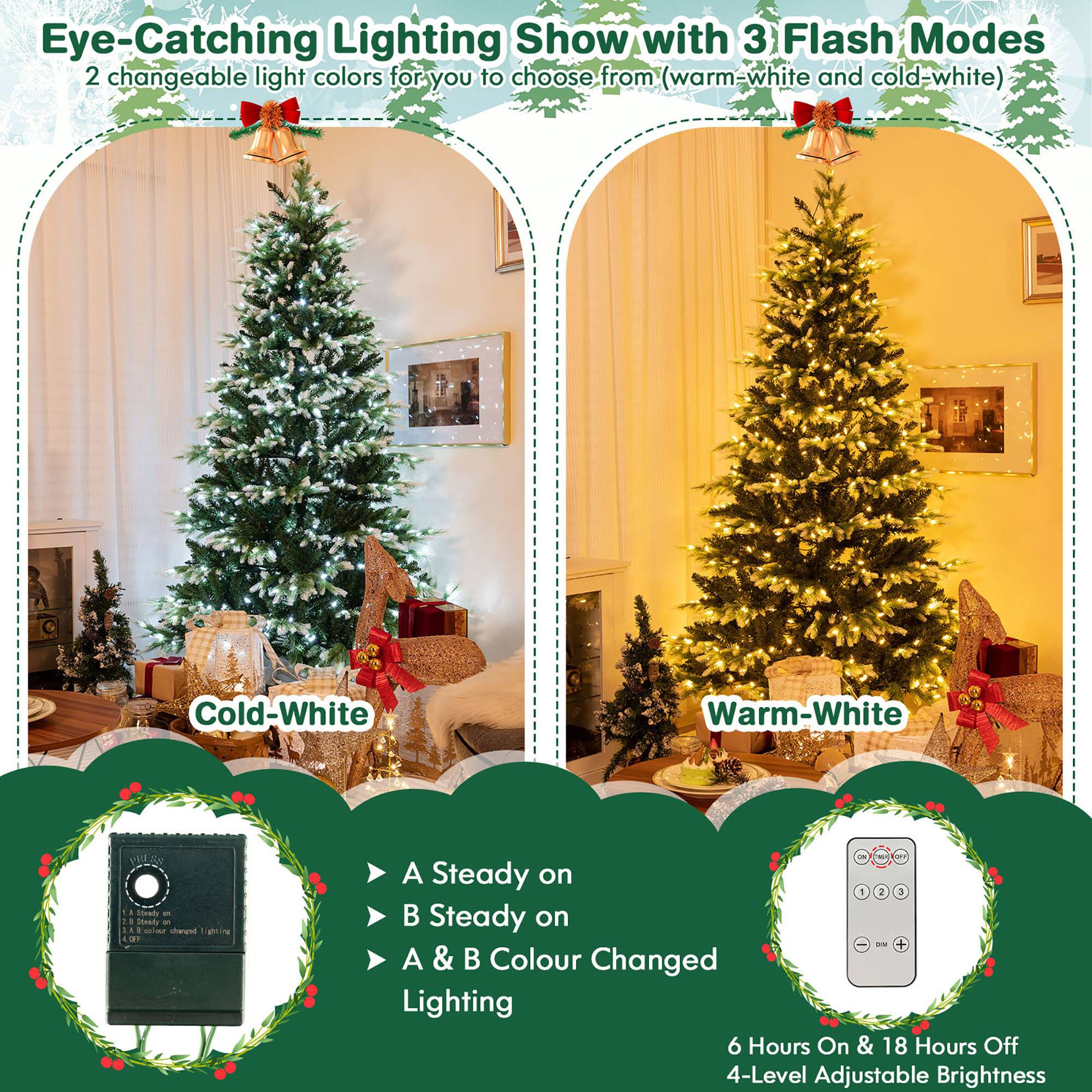 Eye-Catching Lighting Show with 3 Flash Modes  
2 changeable light colors for you to choose from (warm-white and cold-white)  

Cold-White  
Warm-White  

A Steady on  
B Steady on  
A & B Colour Changed Lighting  

6 Hours On & 18 Hours Off  
4-Level Adjustable Brightness