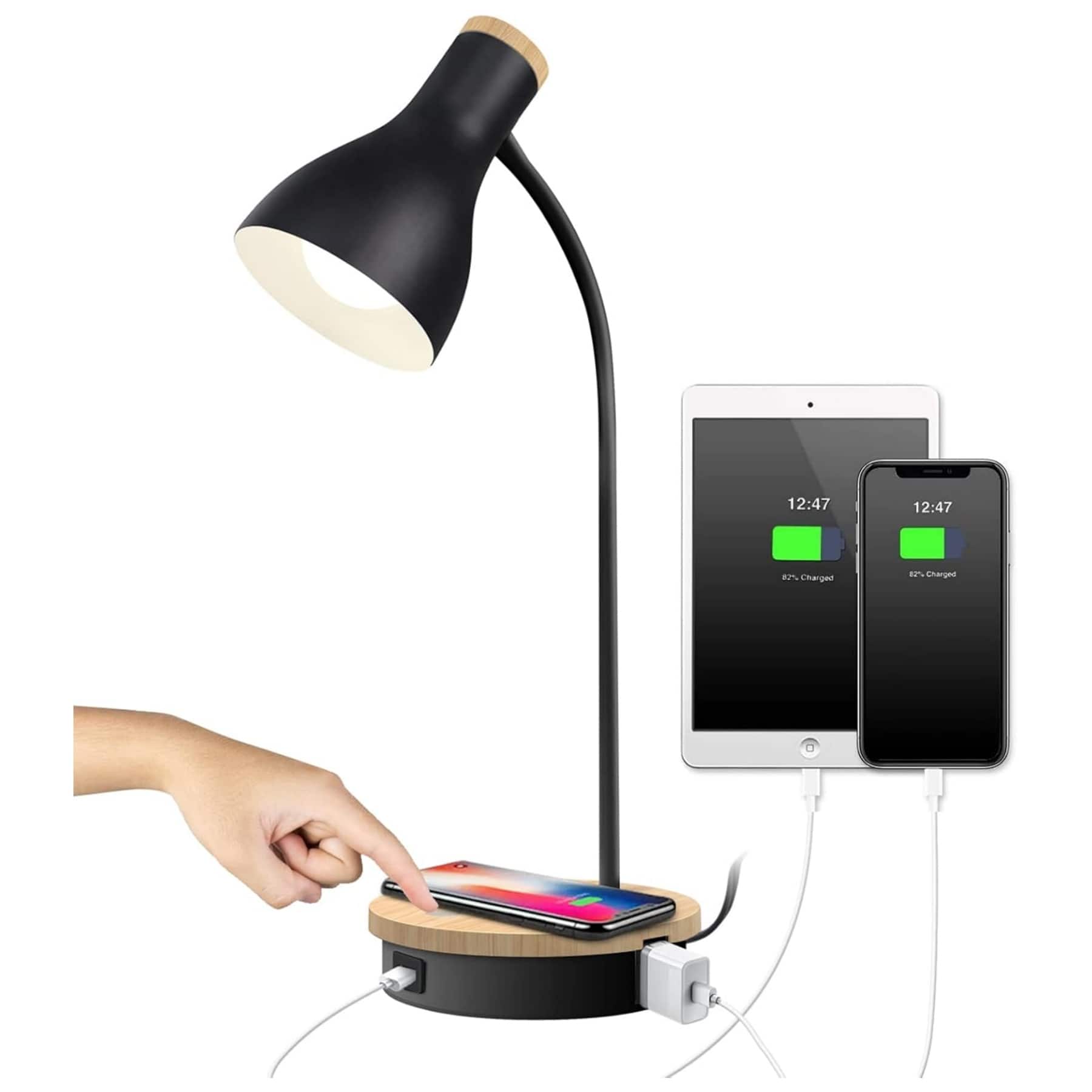 Dazzed Corner - Metal Desk Lamp with Wireless Charging, Touch 3-Way Dimming, USB - Black