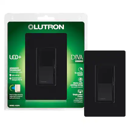LUTRON LED+ DIVA DIMMER
ADVANCED TECHNOLOGY
For dimmable bulbs
LED 150 W
Incandescent / Halogen 600 W
15 minute install
Works with existing wiring
No neutral required
Easy to adjust dimming range lever to improve bulb performance
Single pole / 3-way
For light(s) controlled from 1 or 2 locations
DVWCL-153PH