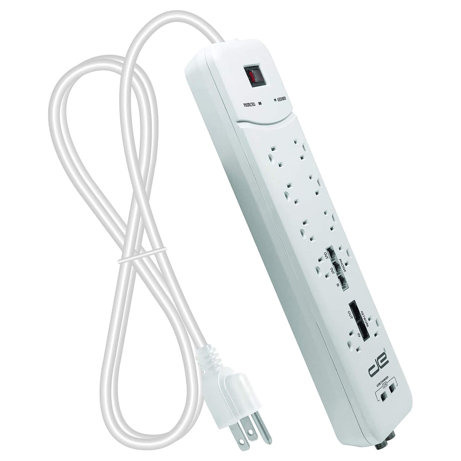 Digital Energy - 10-AC Outlet, 2-USB Port, Coax 3,500-Joule Heavy-Duty Surge Protector Power Strip, 25 Ft Cord - White