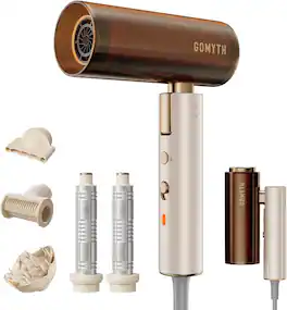 Gomyth - Dual Voltage Hair Dryer for Travel, 5-in-1 Air Styler with High-Speed Blow Dryer, Compact, 100V-240V for Worldwide Use - Pearly White/Brown