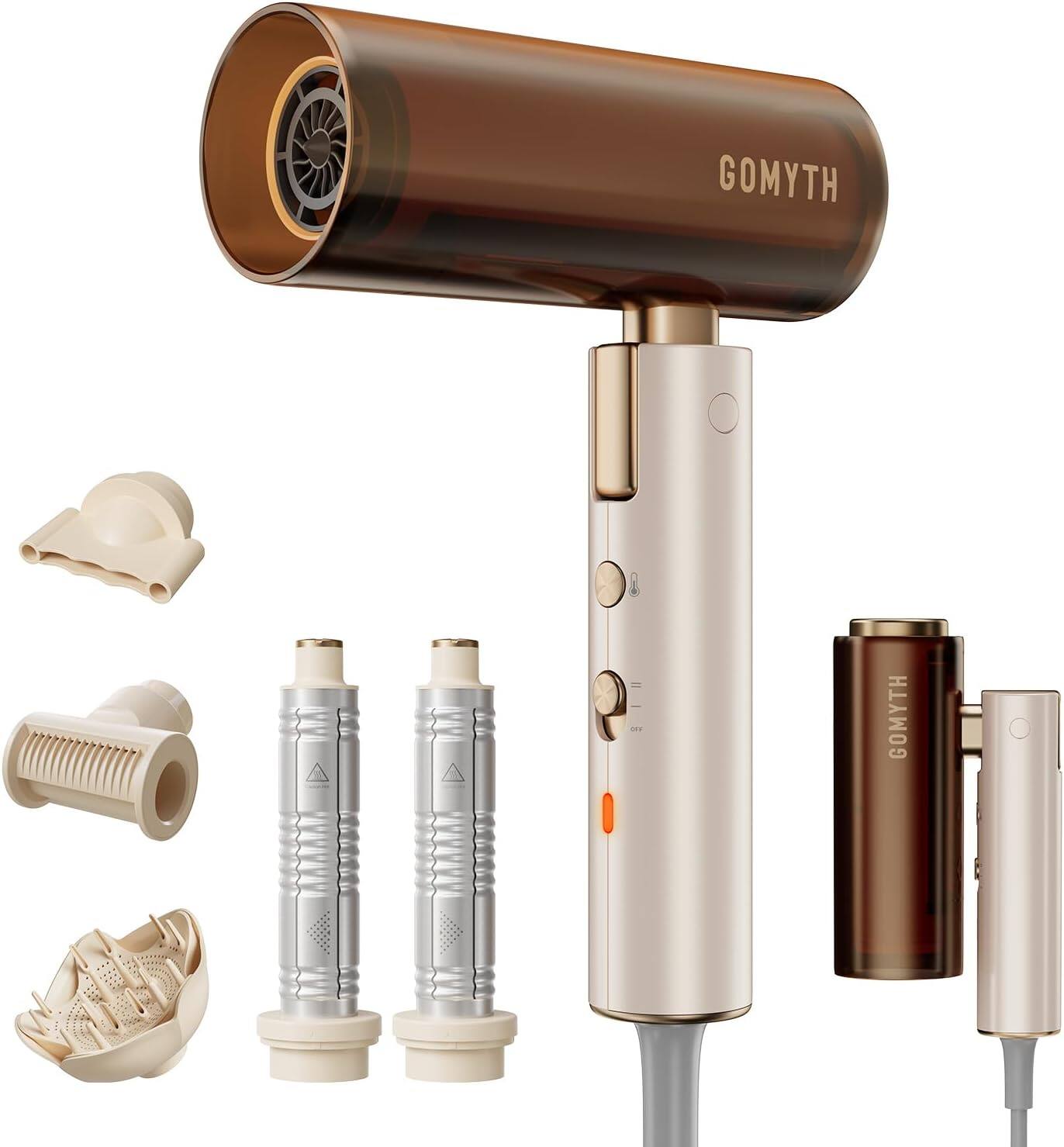 Gomyth - Dual Voltage Hair Dryer for Travel, 5-in-1 Air Styler with High-Speed Blow Dryer, Compact, 100V-240V for Worldwide Use - Pearly White/Brown