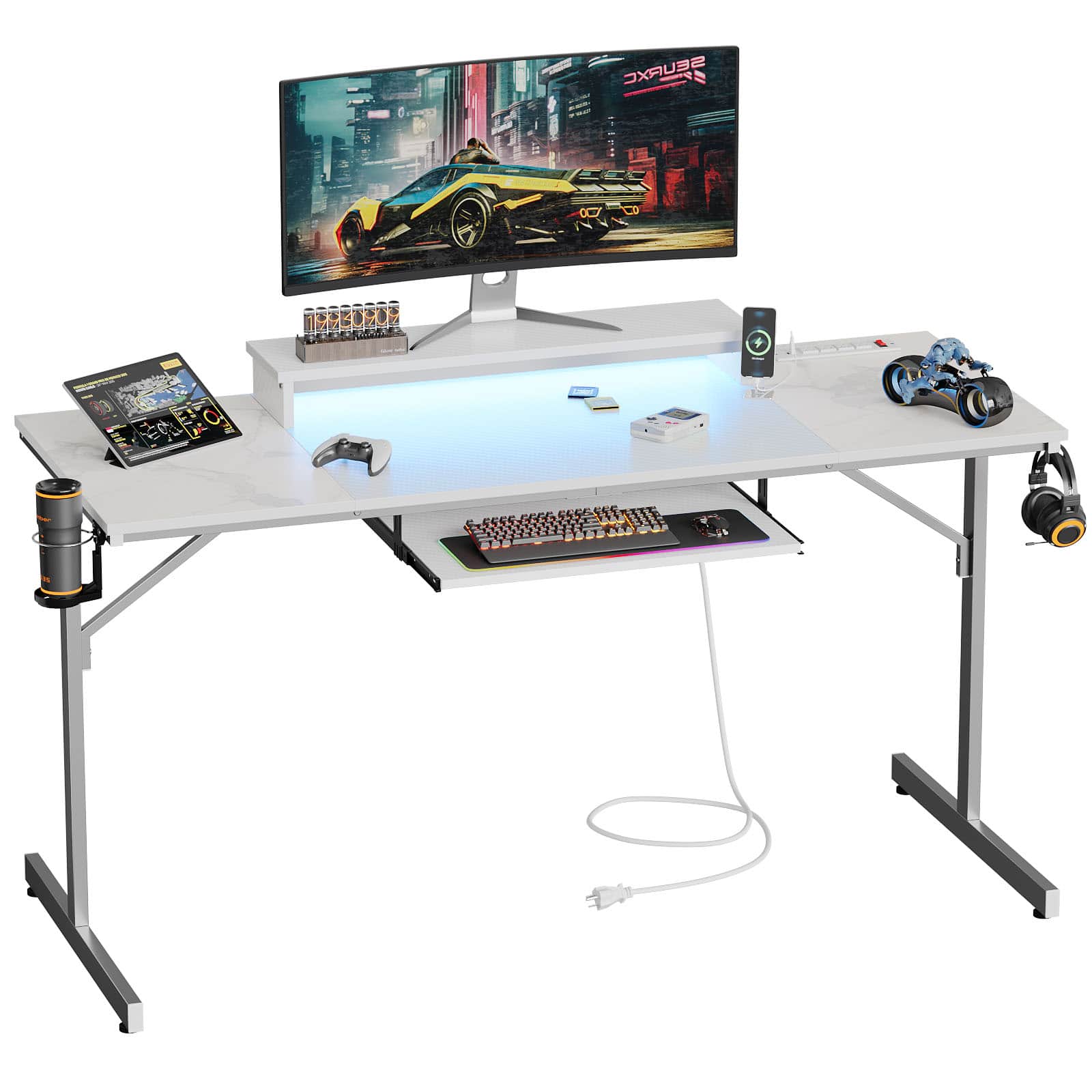 Bestier 63 inch LED Gaming Desk with Keyboard Tray White