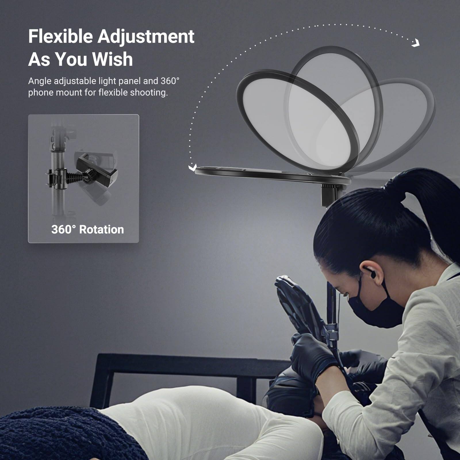 Flexible Adjustment As You Wish

Angle adjustable light panel and 360° phone mount for flexible shooting.

360° Rotation