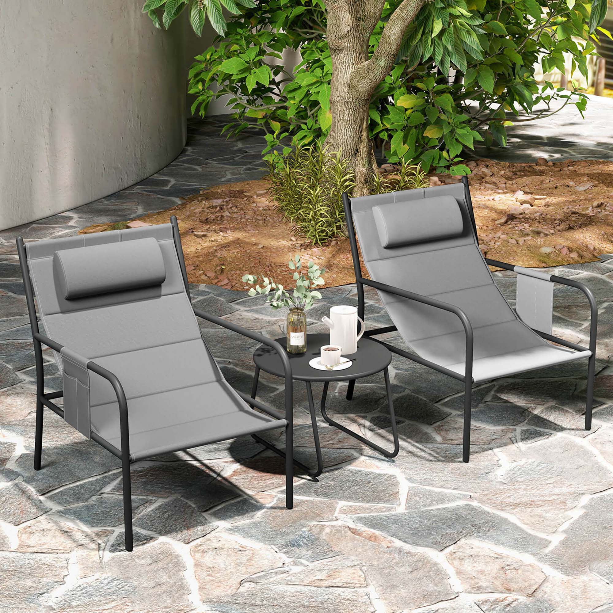 Alt View 2. Costway - Costway 3 PCS Outdoor Bistro Set Breathable Seat Fabric & Cozy Headrest Metal for Yard - Gray.