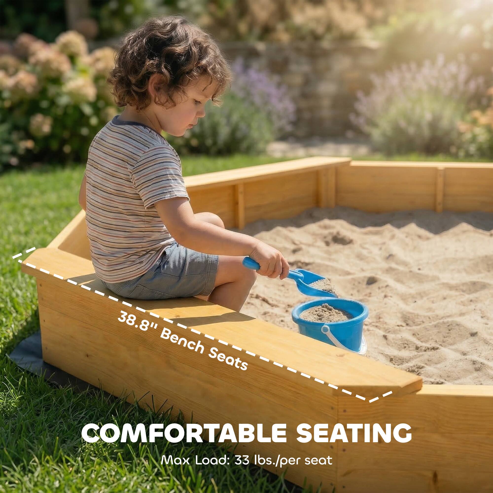 38.8" Bench Seats  
COMFORTABLE SEATING  
Max Load: 33 lbs./per seat