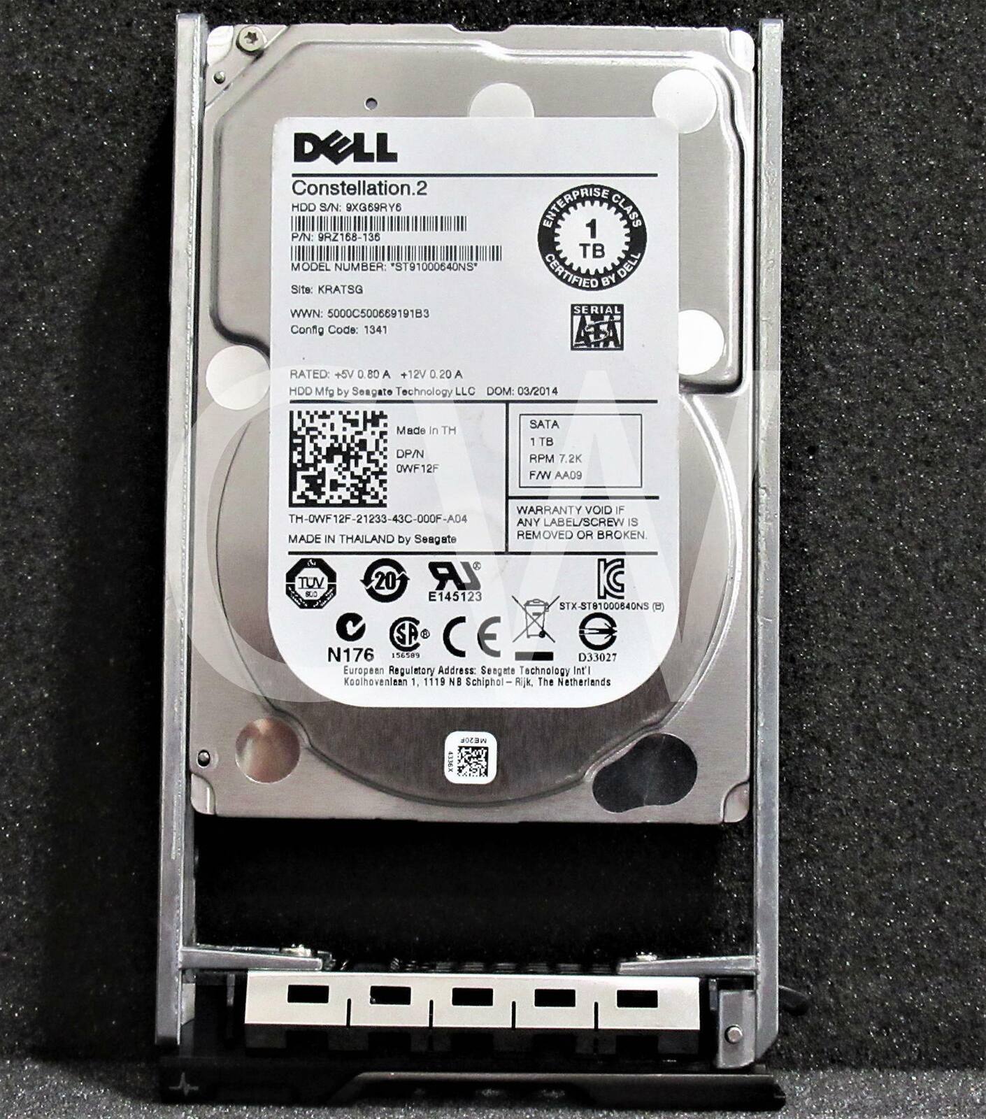 DELL Constellation.2  
HDD S/N: 9XG68RYG  
P/N: 9RZ168-136  
MODEL NUMBER: ST91000640NS  
Site: KHATSO  
WWN: 5000C500669191B3  
Config Code: 1341  
ENTERPRISE 1 CLASS TB CERTIFIED BY DELL  
SERIAL HATED: V8+ 0.80 +12V 0.20 A  
HDD Mfg by Seagate Technology LLC  
DOM: 03/2014  
Made in TH  
DP/N: DWF12F  
MADE IN THAILAND  
WARRANTY VOID IF LABEL/SCREW IS REMOVED OR BROKEN  
TUV 20 LR IC R E145123  
STX-ST81000640NS  
SA CE N176  
Hatd D33027  
European Regulatory Address: Seagate Technology  
WT Koolhovenlaan - 1119 NB Schiphol-Rijk The Netherlands  

