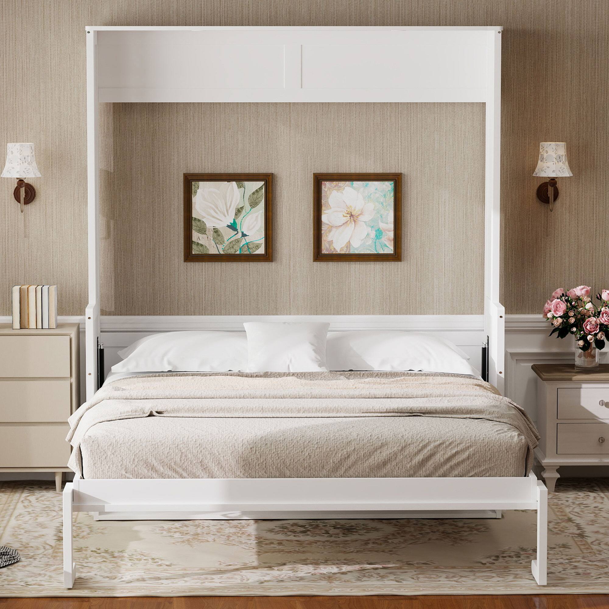 Angle. Whisen - Queen Size Murphy Bed with Desk, Foldable Bed with LED Lights, USB Charging Station for Bedroom - White.