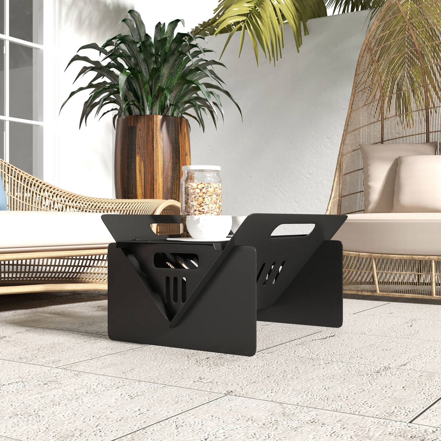 Angle. Lirago - Portable Fire Pit Table Outdoor Wood Burning Stove for Camping Patio Black 11.75”D x 16.25“ W x 8.75“ H - Black.