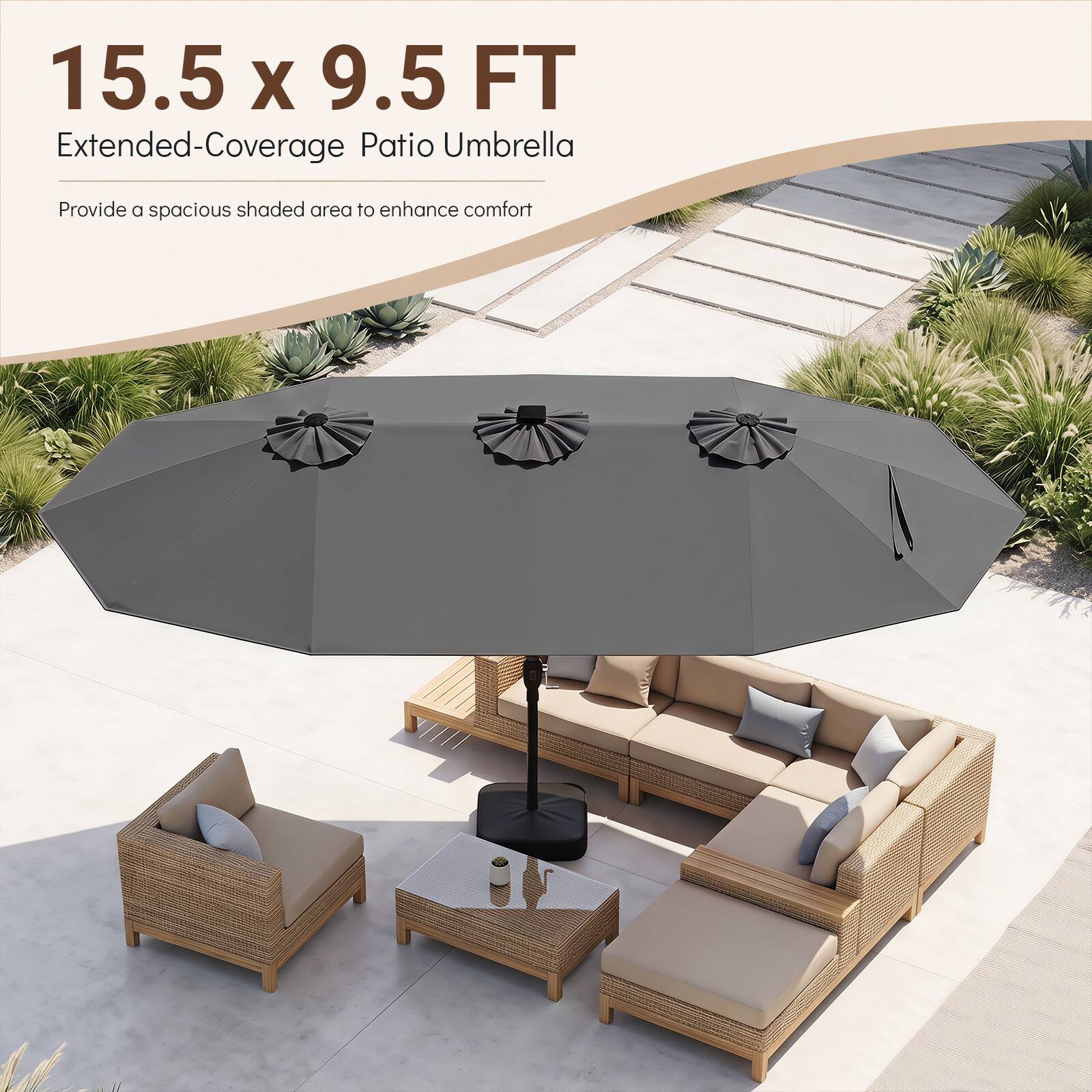 15.5 x 9.5 FT Extended-Coverage Patio Umbrella  
Provide a spacious shaded area to enhance comfort