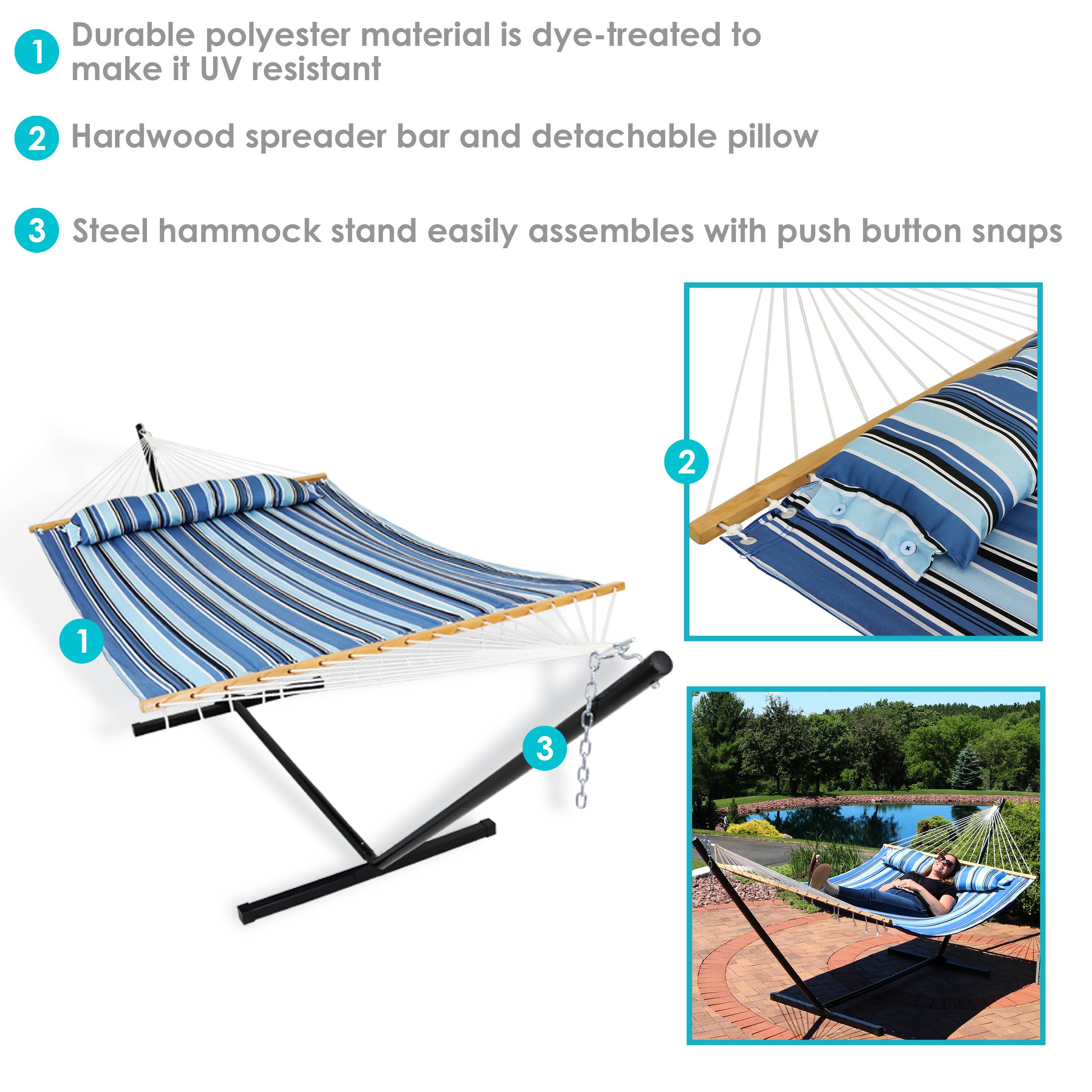 1. Durable polyester material is dye-treated to make it UV resistant  
2. Hardwood spreader bar and detachable pillow  
3. Steel hammock stand easily assembles with push button snaps