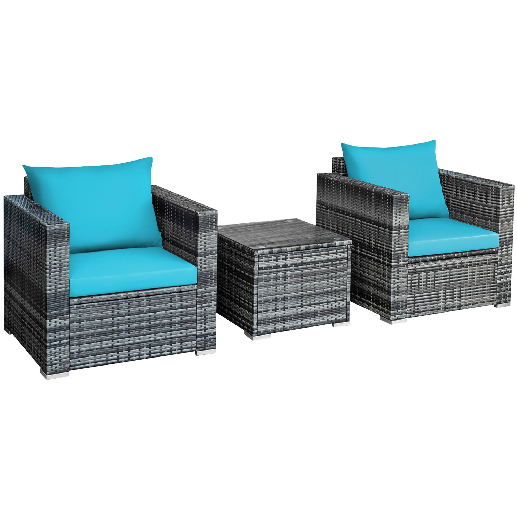 Alt View 1. Gymax - Gymax 3PCS Rattan Patio Conversation Furniture Set Outdoor Yard w/ Turquoise Cushion - Turquoise.