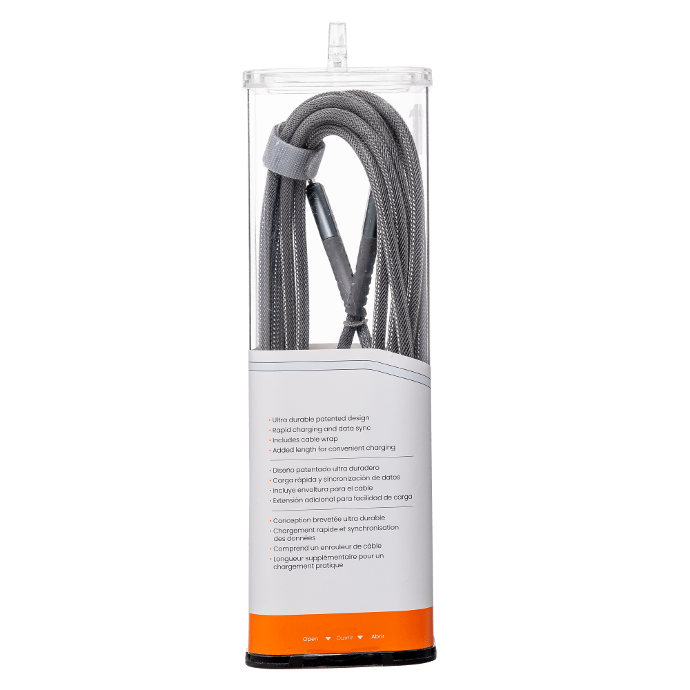 - Ultra durable patented design
- Rapid charging and data sync
- Includes cable wrap
- Added length for convenient charging

- Diseño patentado ultra duradero
- Carga rápida y sincronización de datos
- Incluye envoltura para el cable
- Extensión adicional para facilidad de carga

- Conception brevete Ltro durable
- Chargement rapide et synchronisation des données
- Comprend un enrouleur de câble
- Longueur supplémentaire pour un chargement pratique