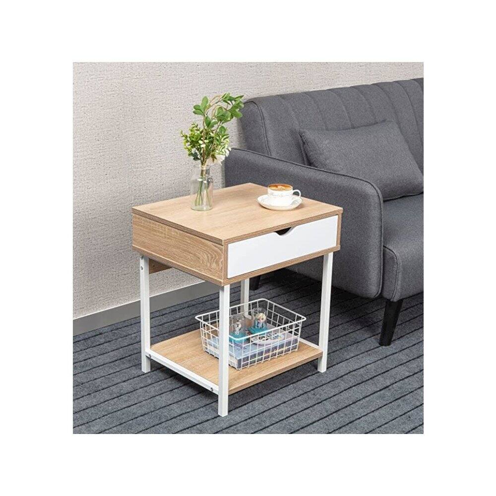 JJS - Bedside Table With Drawer And Storage Shelves - Oak/White