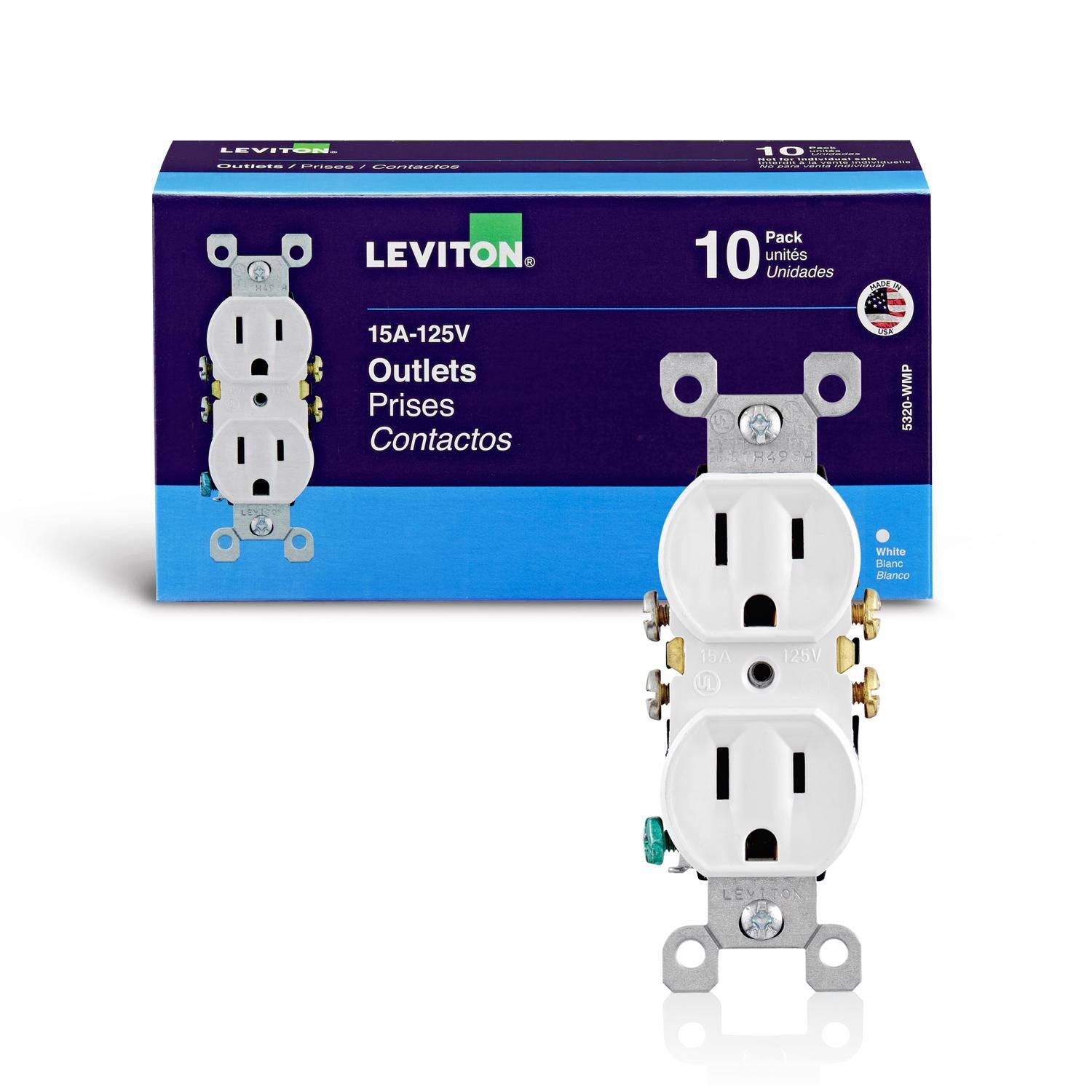 LEVITON. Outlets Prises Contactos  
10 - IST DESIDED terdit me DISTO  
LEVITON 15A-125V Outlets Prises Contactos  
Pack 10 units Unidades  
MADE IN 5320-WMP  
White Blanc Blanco  
15A JL  
125V  
LEVI