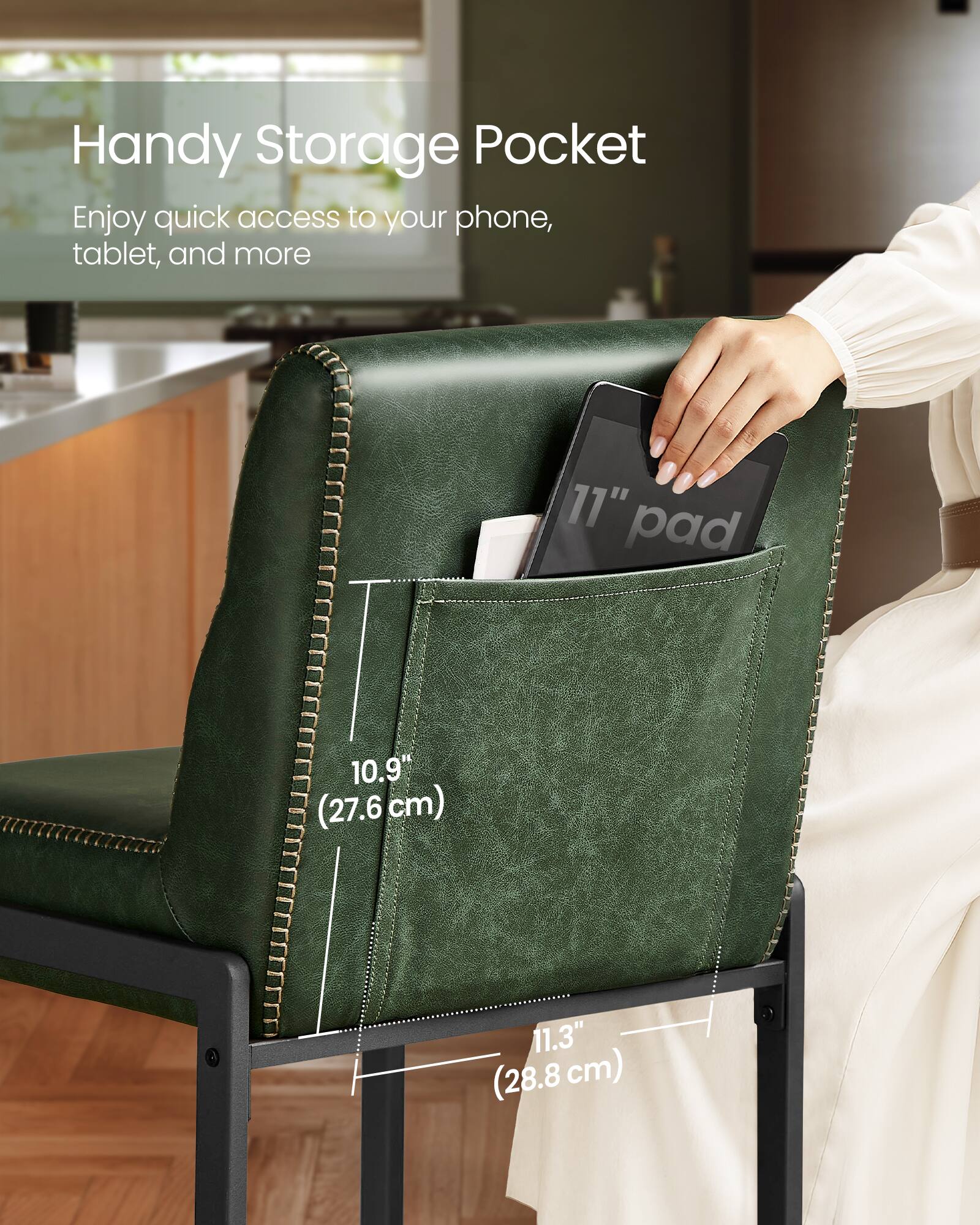 Handy Storage Pocket  
Enjoy quick access to your phone, tablet, and more  

11" pad  
10.9" (27.6 cm)  
11.3" (28.8 cm)