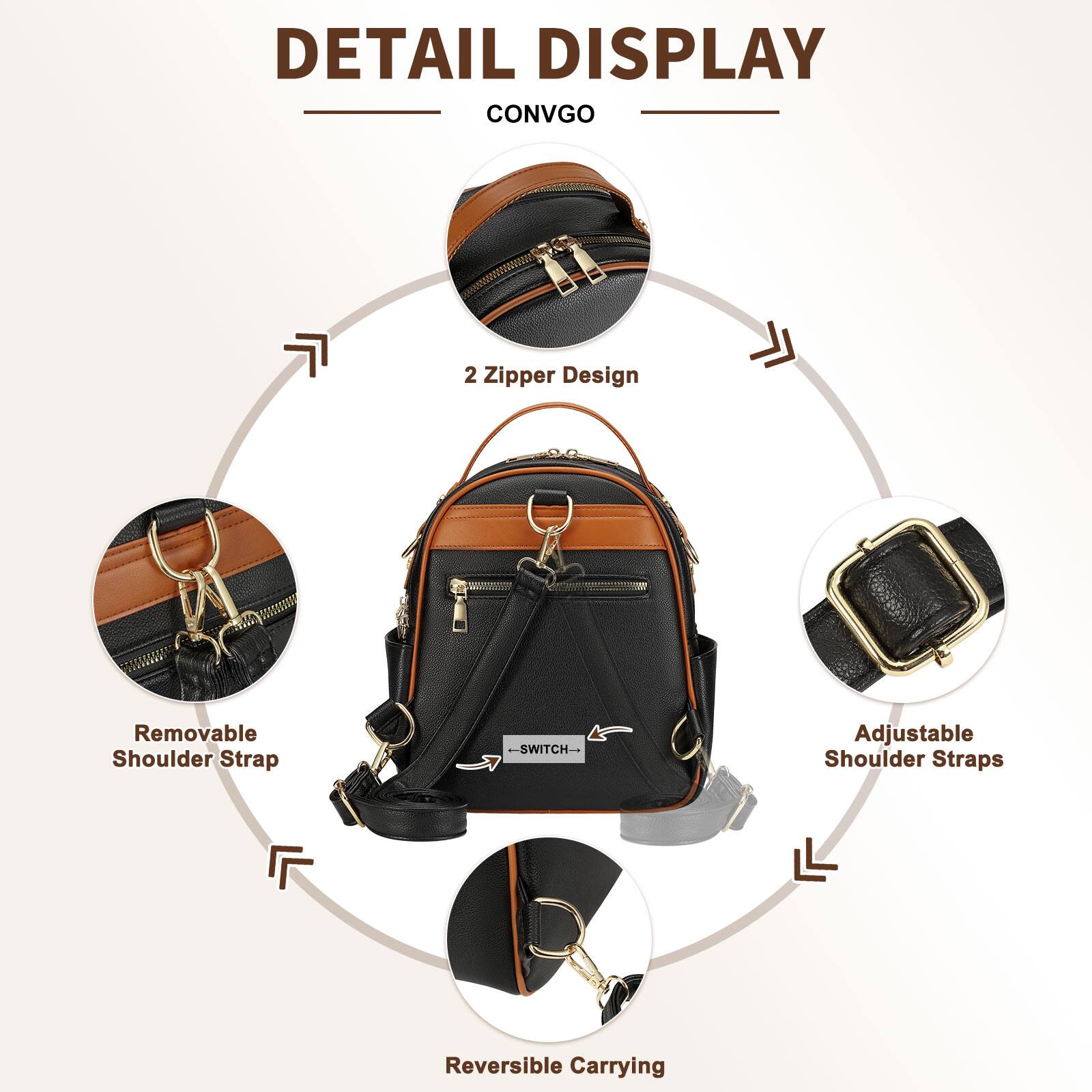 DETAIL DISPLAY  
CONVGO  

- 2 Zipper Design  
- Removable Shoulder Strap  
- Adjustable Shoulder Straps  
- Reversible Carrying
