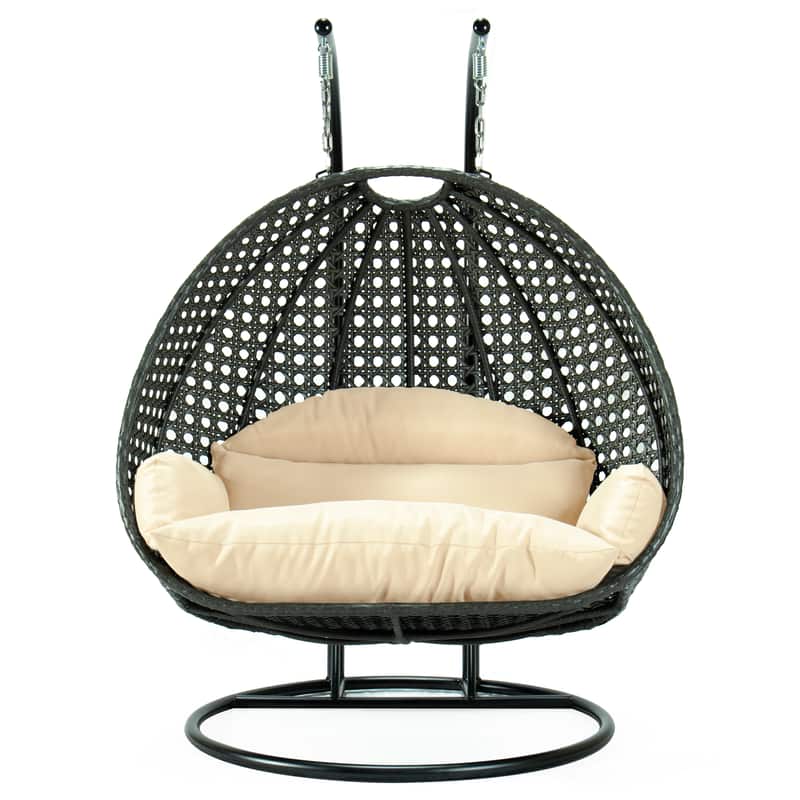 LeisureMod - Outdoor 2-Person Charcoal Wicker Egg Swing Chair with Steel Stand, Washable Cushions & Waterproof Cover - Cream