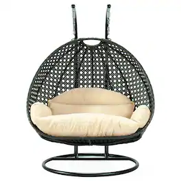 LeisureMod - Outdoor 2-Person Charcoal Wicker Egg Swing Chair with Steel Stand, Washable Cushions & Waterproof Cover - Cream