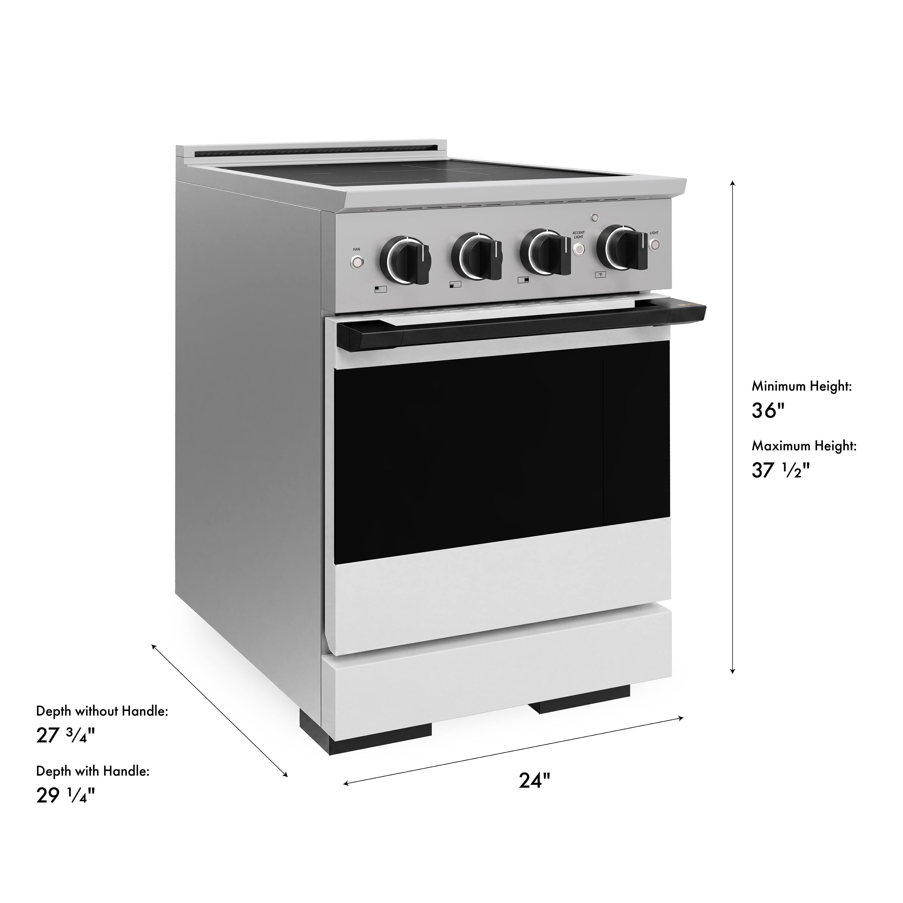 Minimum Height: 36"  
Maximum Height: 37 1/2"  
Depth without Handle: 27 3/4"  
Depth with Handle: 29 1/4"  
24"