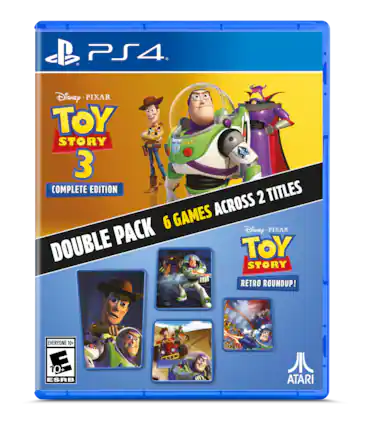 Disney PIXAR TOY STORY 3 COMPLETE EDITION DOUBLE PACK 6 GAMES ACROSS 2 TITLES Disney PIXAR TOY STORY RETRO ROUNDUP! EVERYONE 10+ E 10+ ESRB ATARI - E10+ (Everyone 10+)