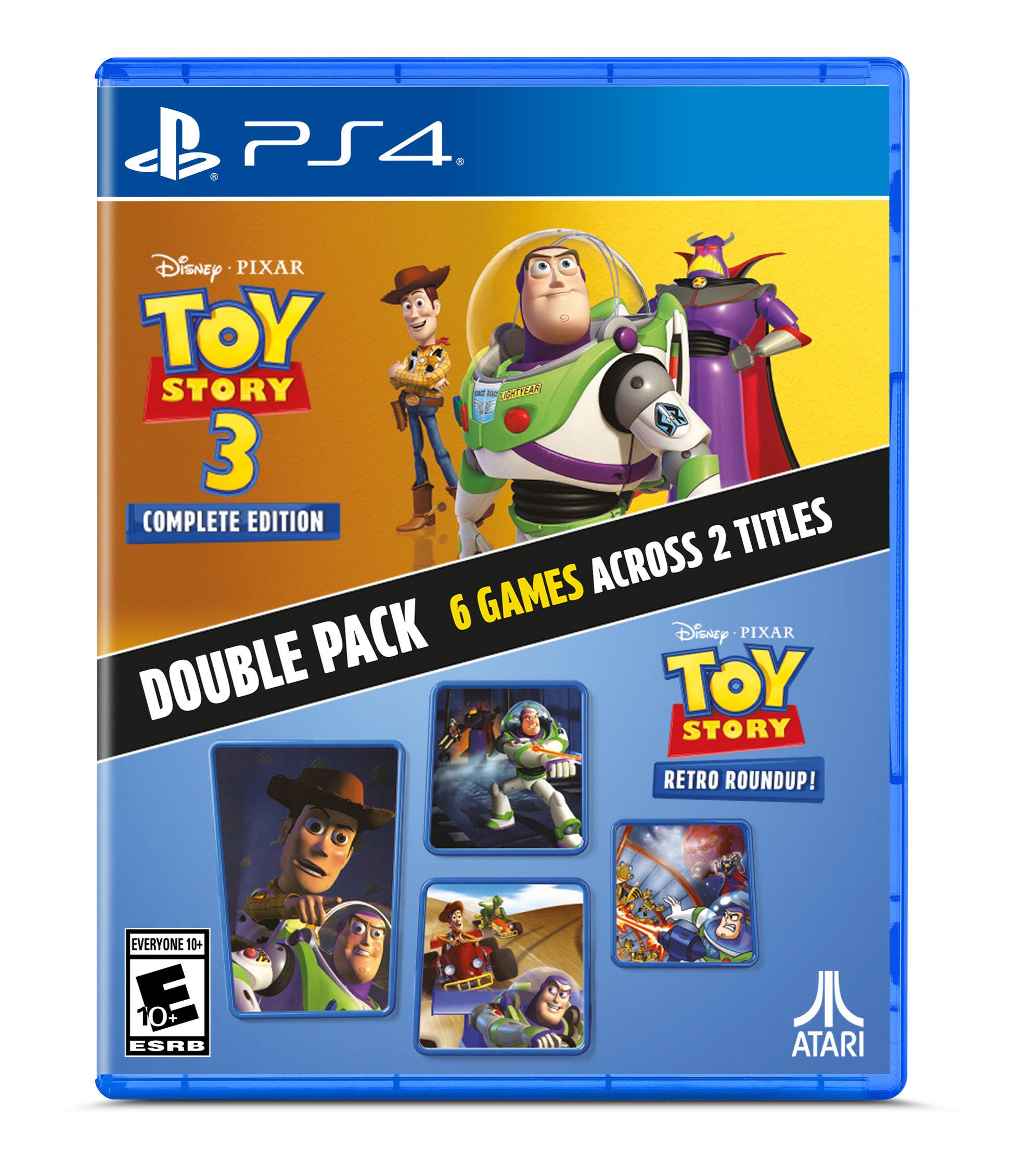 Disney PIXAR TOY STORY 3 COMPLETE EDITION DOUBLE PACK 6 GAMES ACROSS 2 TITLES Disney PIXAR TOY STORY RETRO ROUNDUP! EVERYONE 10+ E 10+ ESRB ATARI