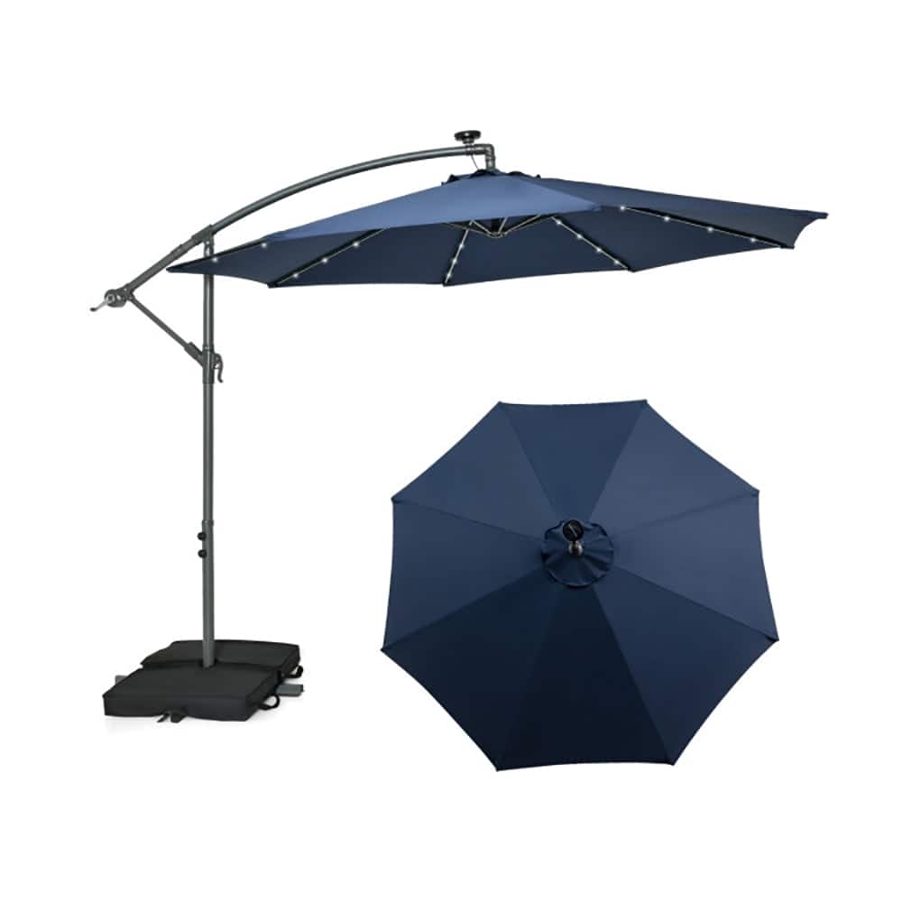 Kadyn - 10 Feet Cantilever Umbrella with 32 LED Lights and Solar Panel Batteries-Navy, Patio Offset Umbrella