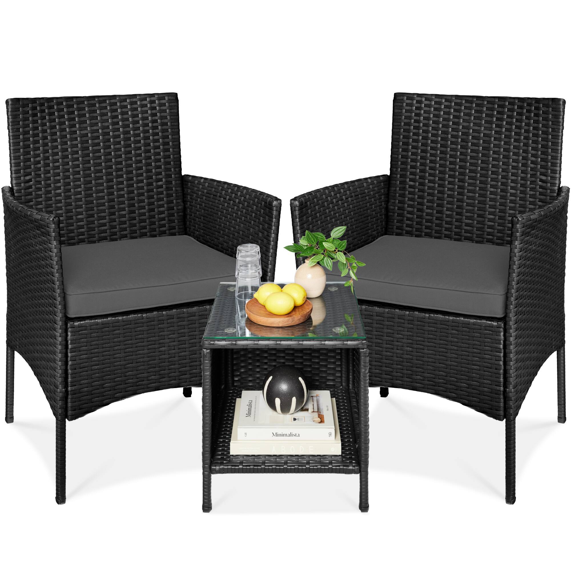 Best Choice Products - 3-Piece Outdoor Wicker Conversation Patio Bistro Set, w/ 2 Chairs, Table - Black/Gray