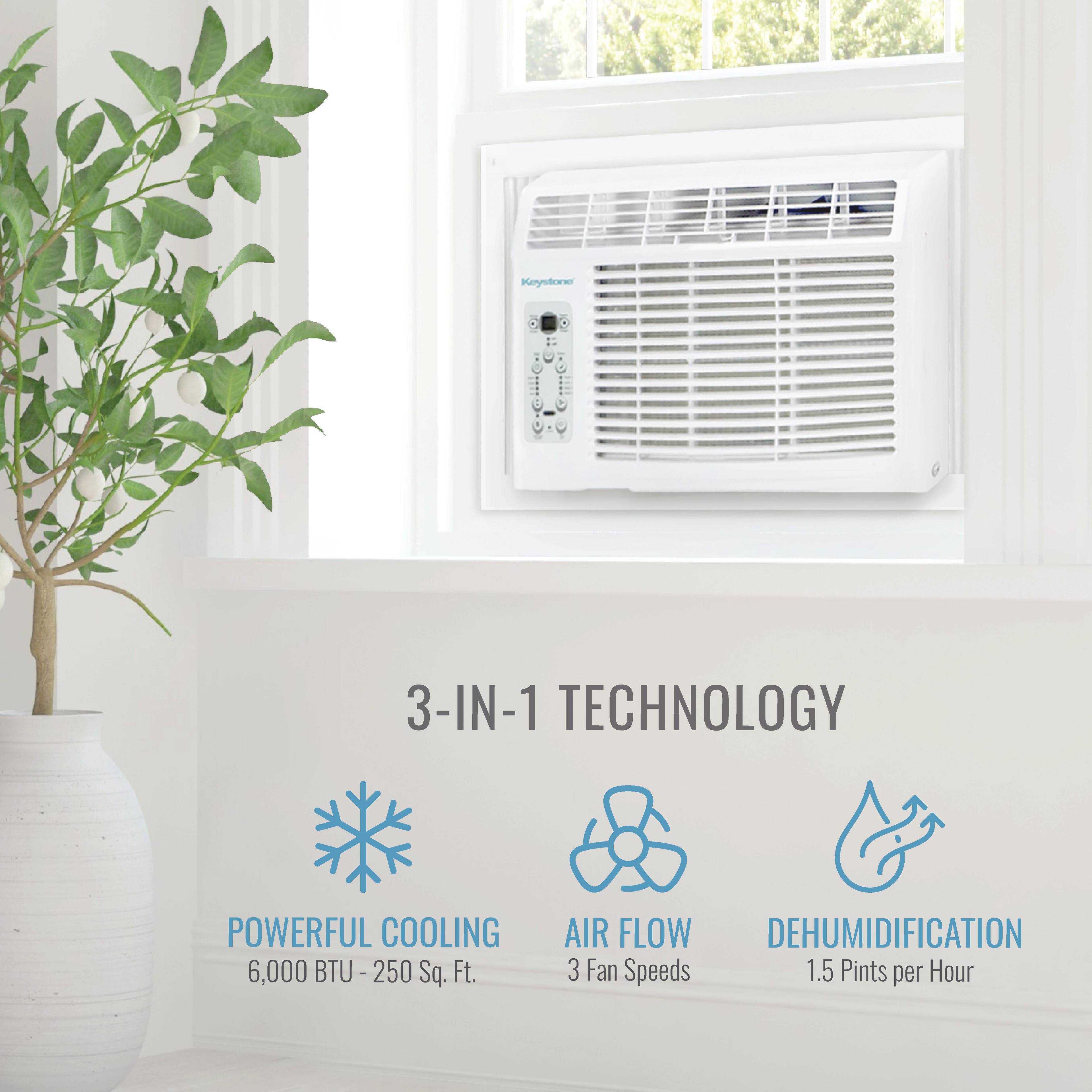 Keystone 3-IN-1 TECHNOLOGY  
POWERFUL COOLING 6,000 BTU - 250 Sq. Ft.  
AIR FLOW  
DEHUMIDIFICATION  
3 Fan Speeds  
1.5 Pints per Hour