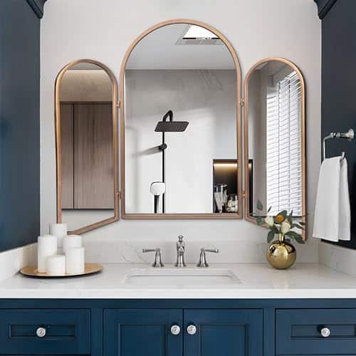 Cedar Assembly - Trifold Vanity Mirrors 3 Way 30 X 37in Adjustable For Bathroom Bedroom Champaign Golden Arch Wall Mounted - Retro Gold-30"L x 37"W