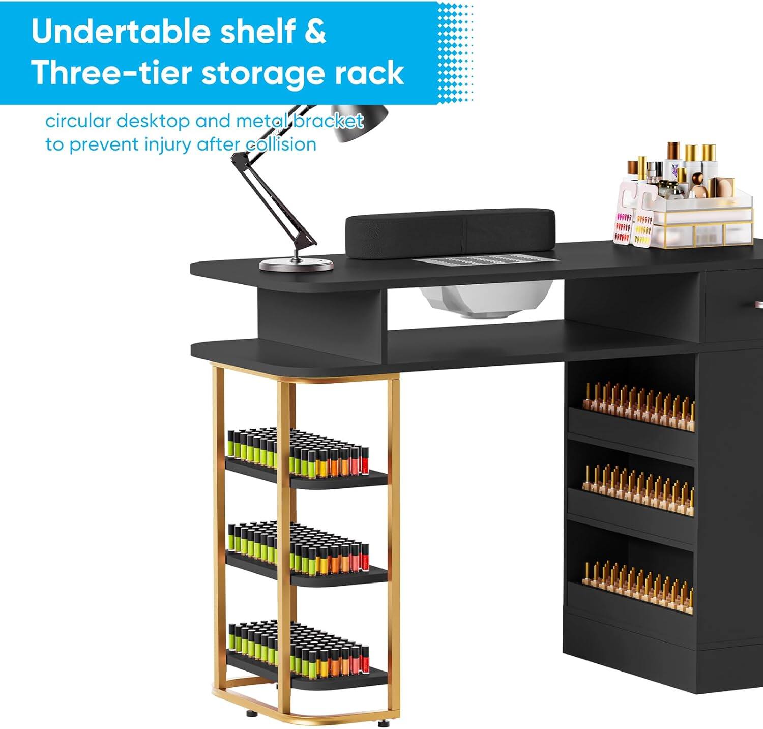 Undertable shelf & Three-tier storage rack

circular desktop and metal bracket to prevent injury after collision