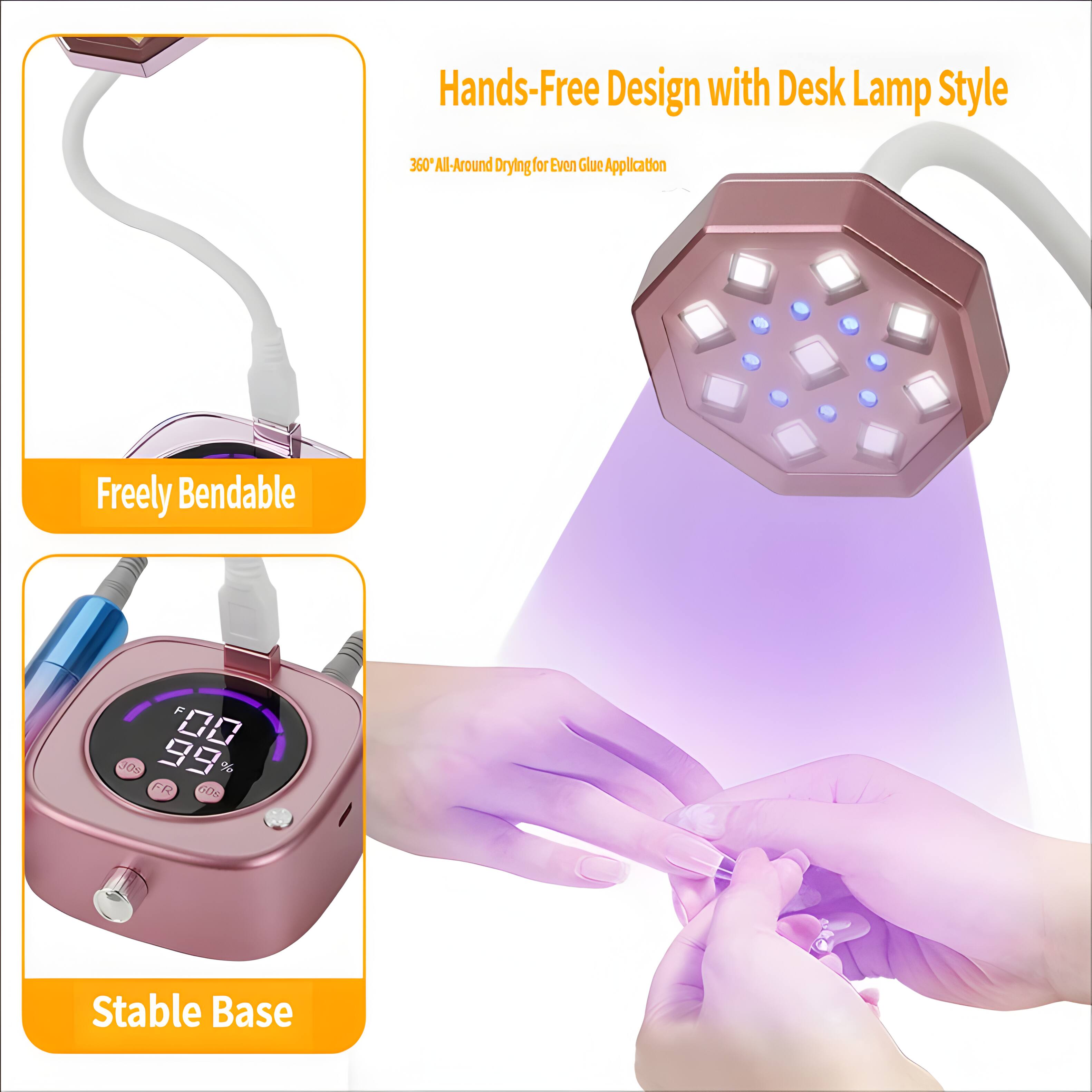 Hands-Free Design with Desk Lamp Style  
360° All-Around Drying for Even Glue Application  
Freely Bendable  
Stable Base
