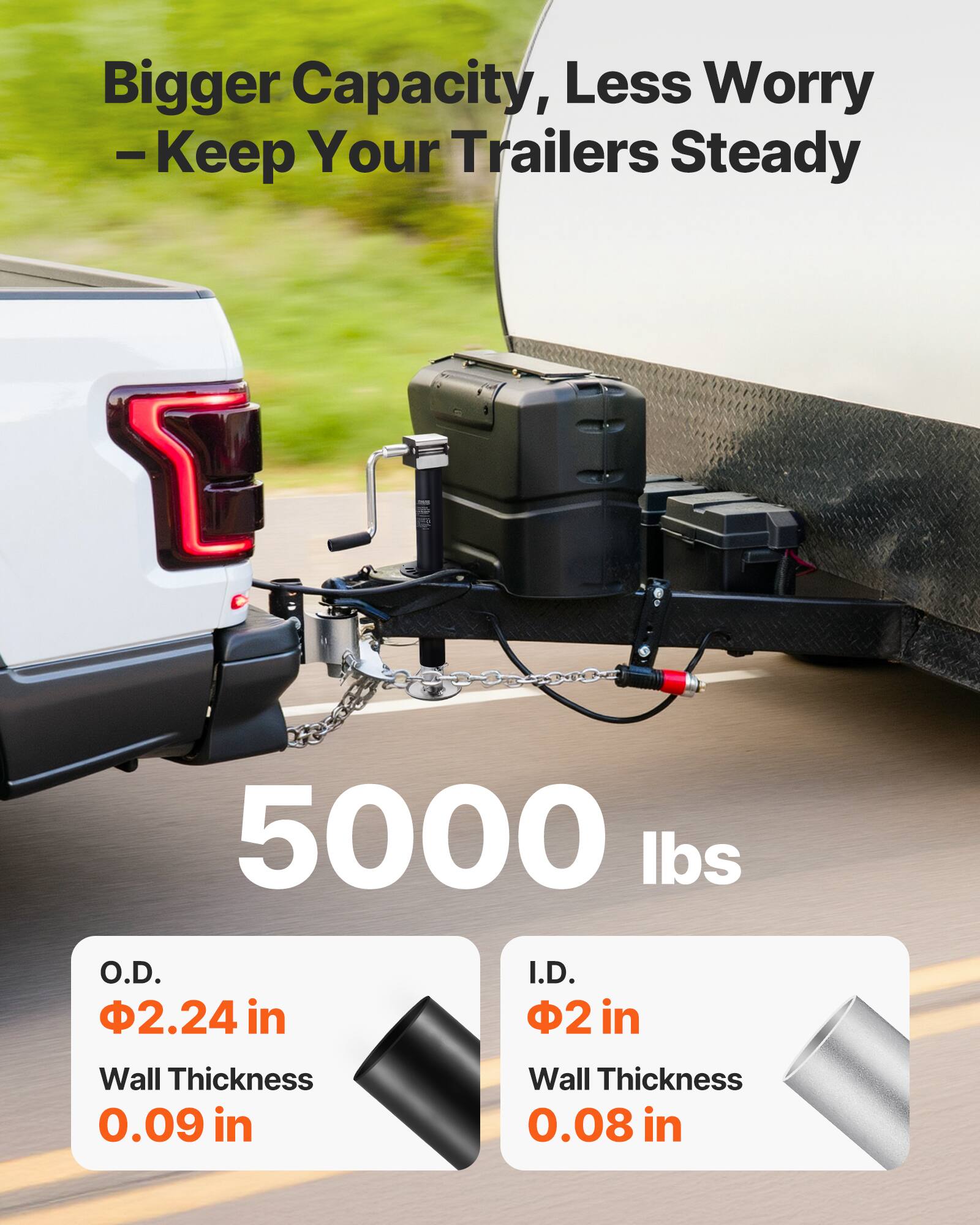 Bigger Capacity, Less Worry - Keep Your Trailers Steady

5000 lbs

O.D. 2.24 in
I.D. 2 in
Wall Thickness 0.09 in
Wall Thickness 0.08 in