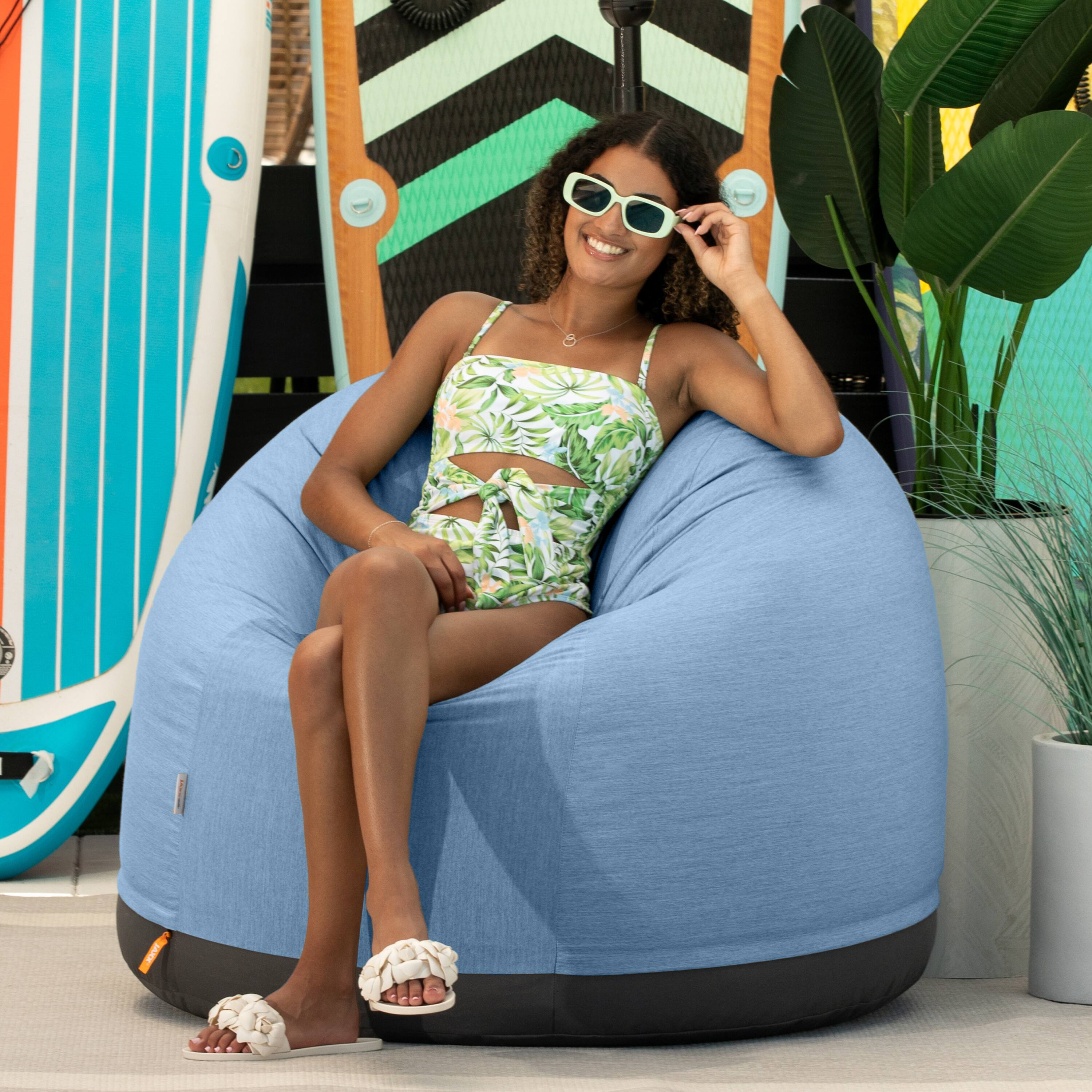 Angle. Jaxx - Jaxx Palmetto Large Round Outdoor Bean Bag Club Chair - Ocean - Ocean.