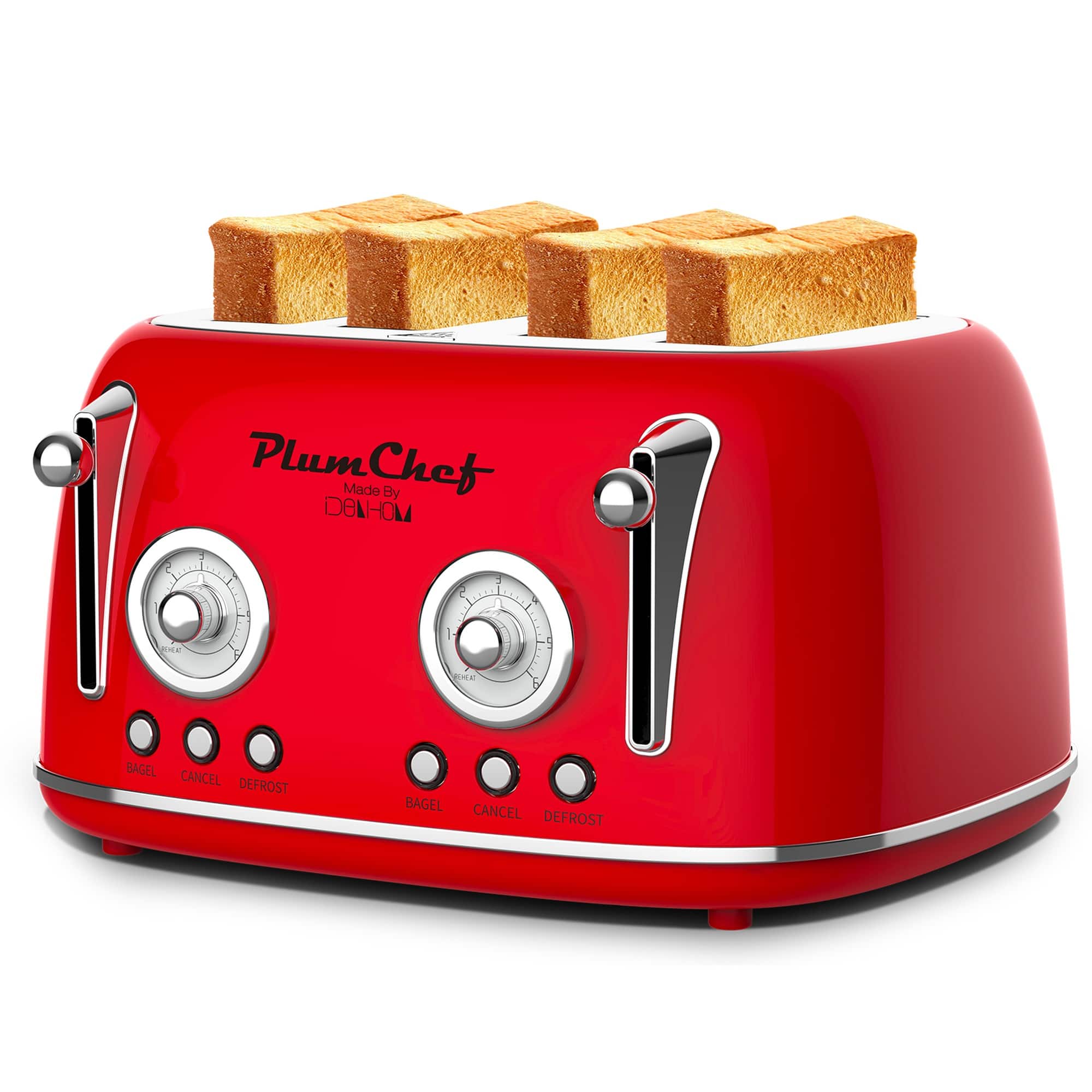 Boyel Living - 4 Slice Retro Style Toaster, Dual Control Toaster with Warming Rack, 6 Browning Settings, Bagel/Defrost Functions - Red