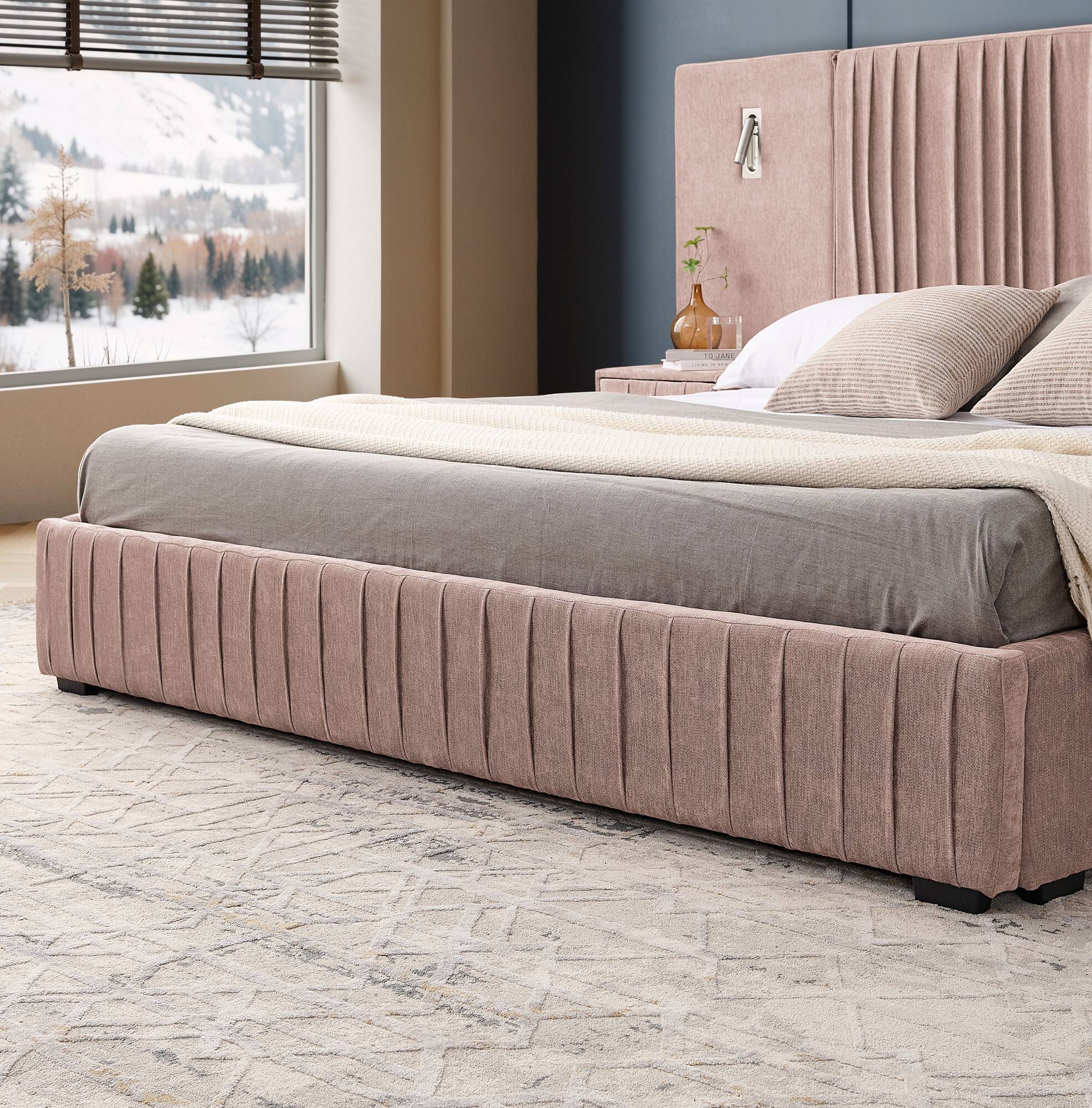 Back. Anysun - King Chenille Upholstered Platform Bed with Pleated Design & Headboard - Solid Frame, Side Table, No Box Spring Needed - Pink.